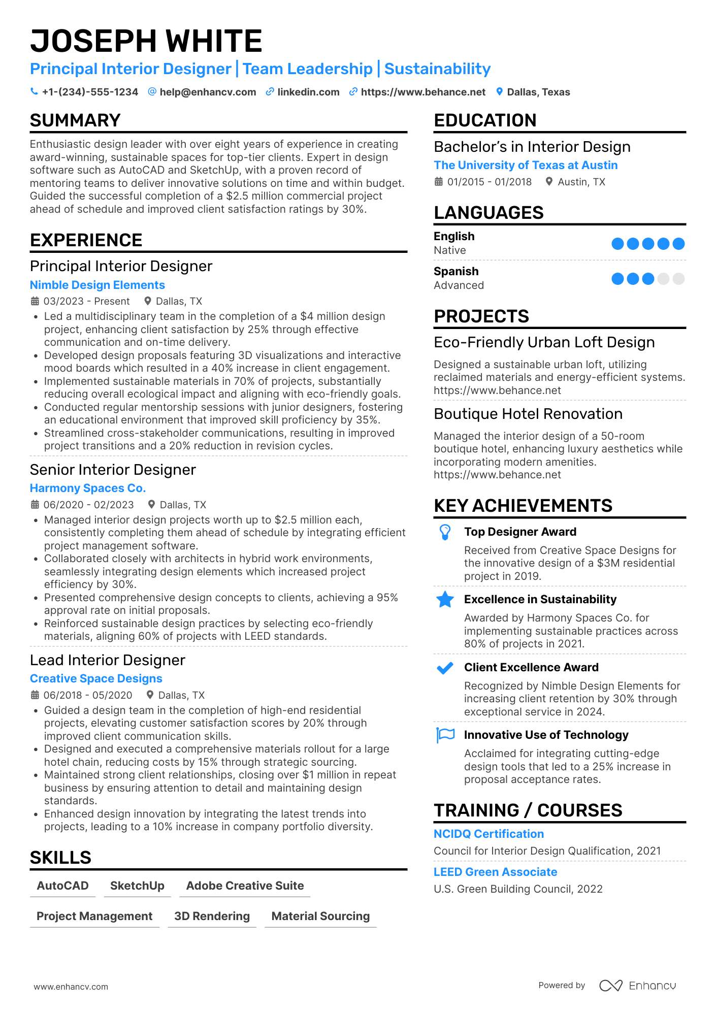 Principal Interior Designer Resume Example