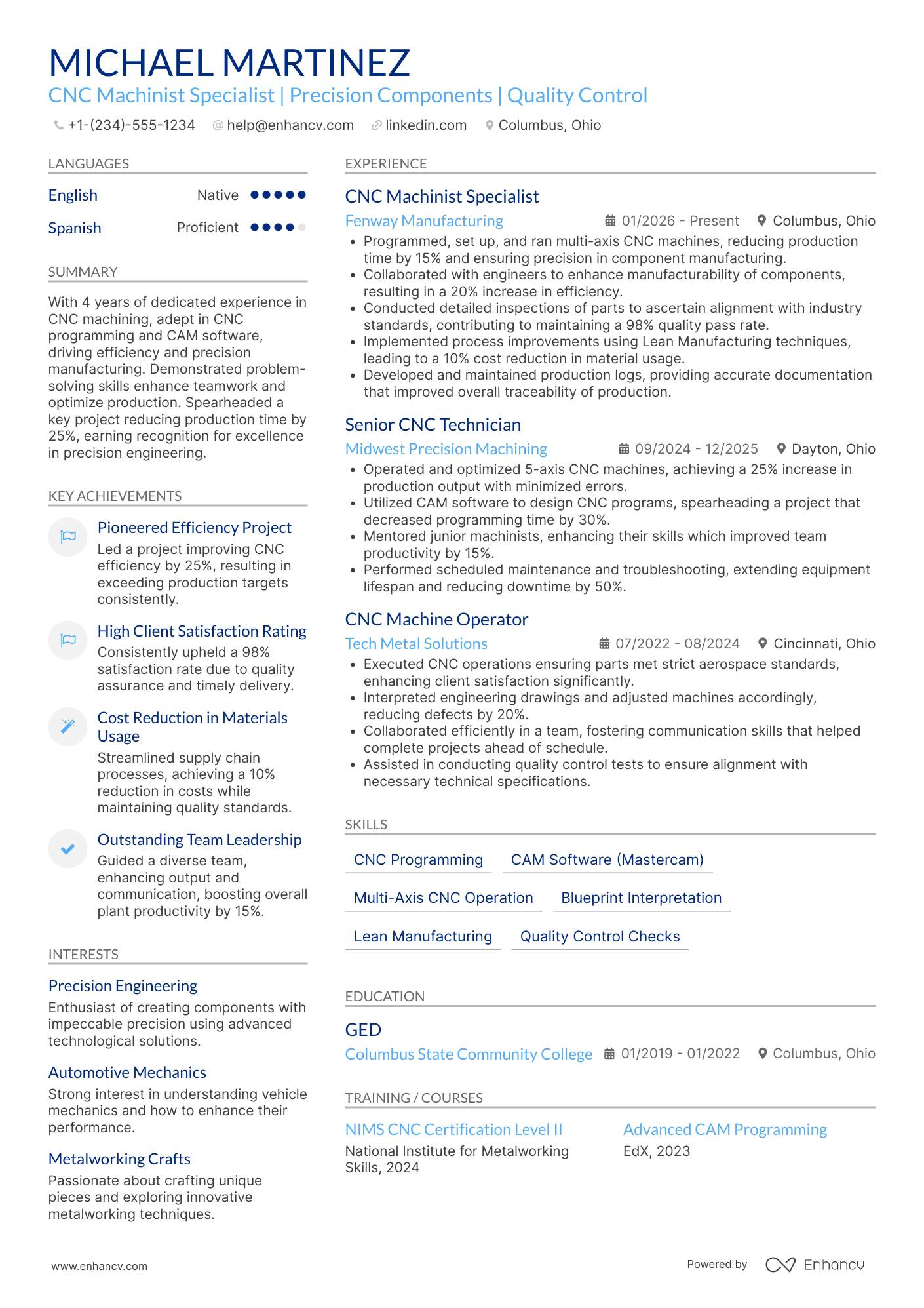 CNC Machinist Specialist Resume Example