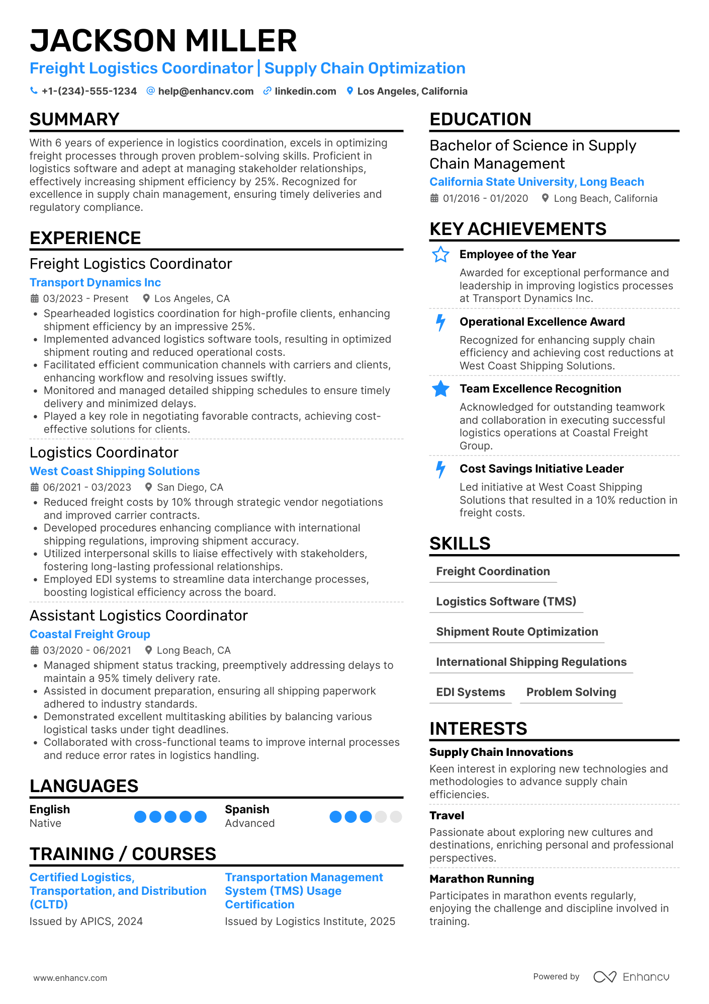 Freight Logistics Coordinator Resume Example