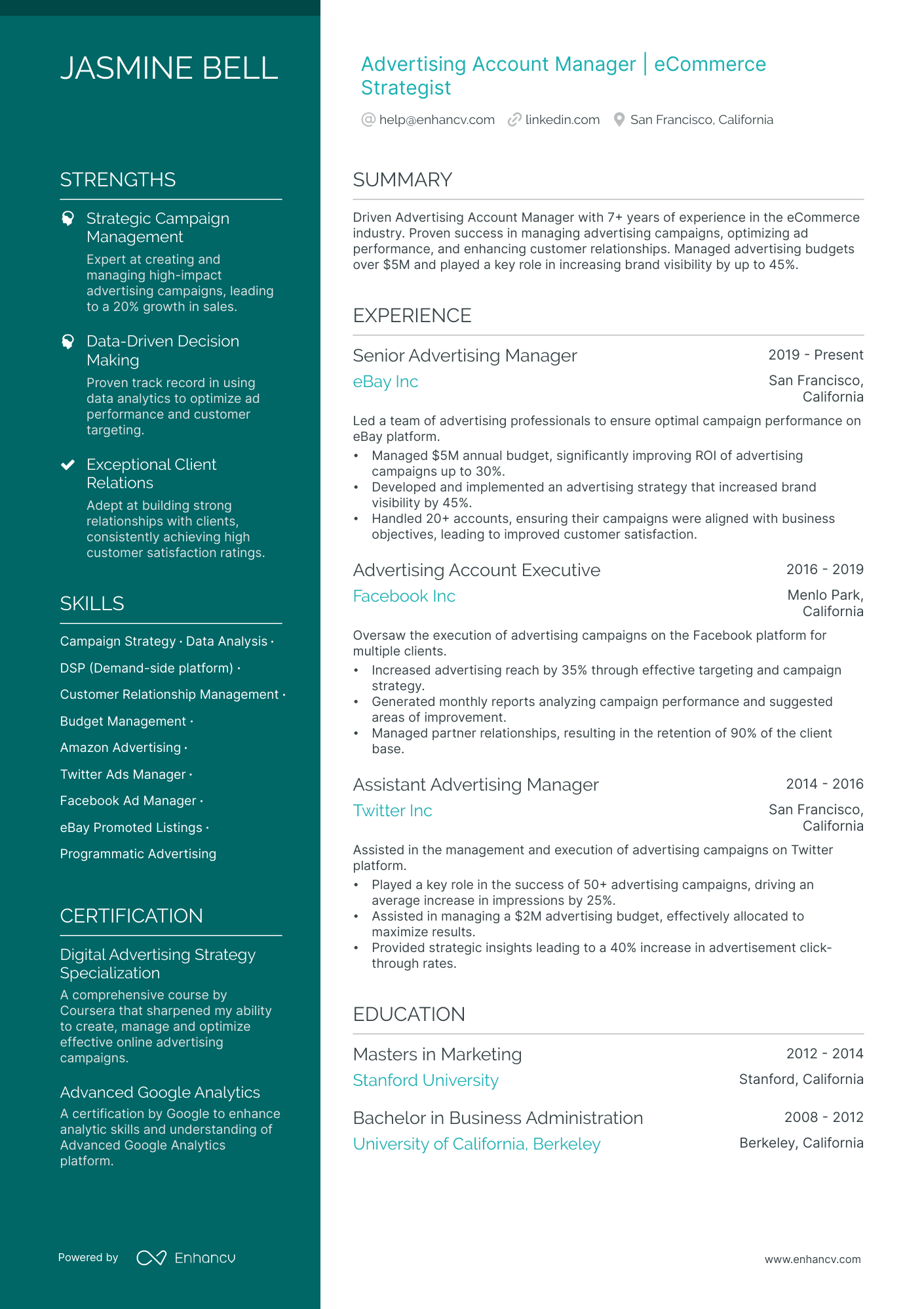Advertising Manager Resume Example