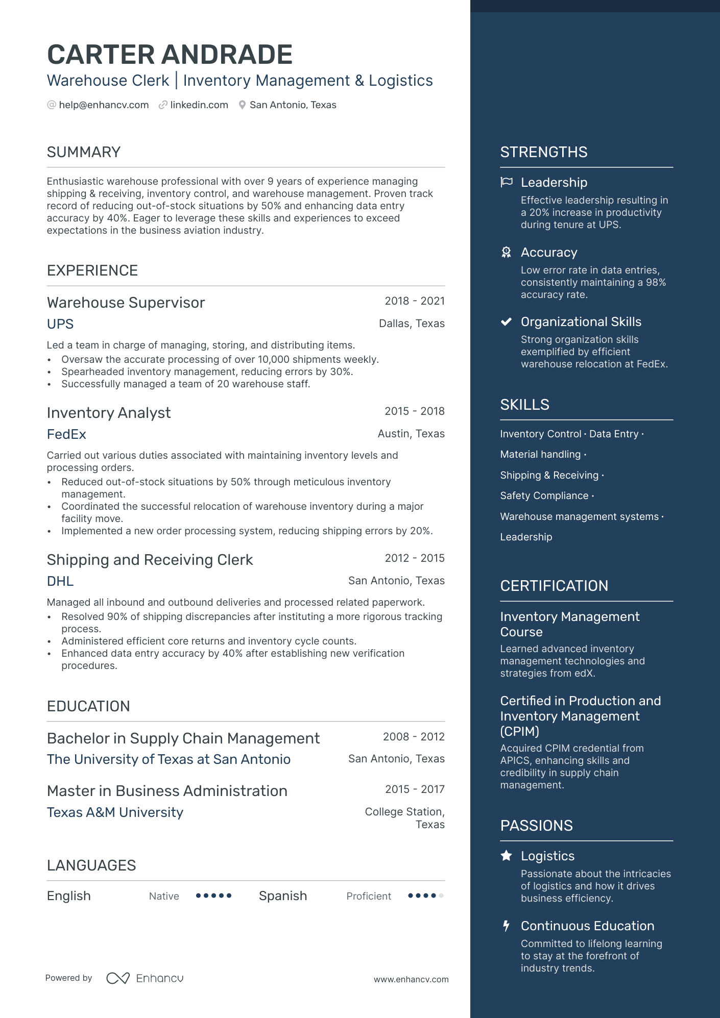 Warehouse Clerk Resume Example