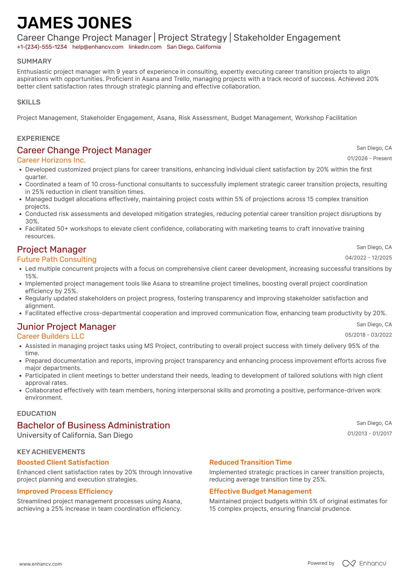 Career Change Project Manager Resume Example