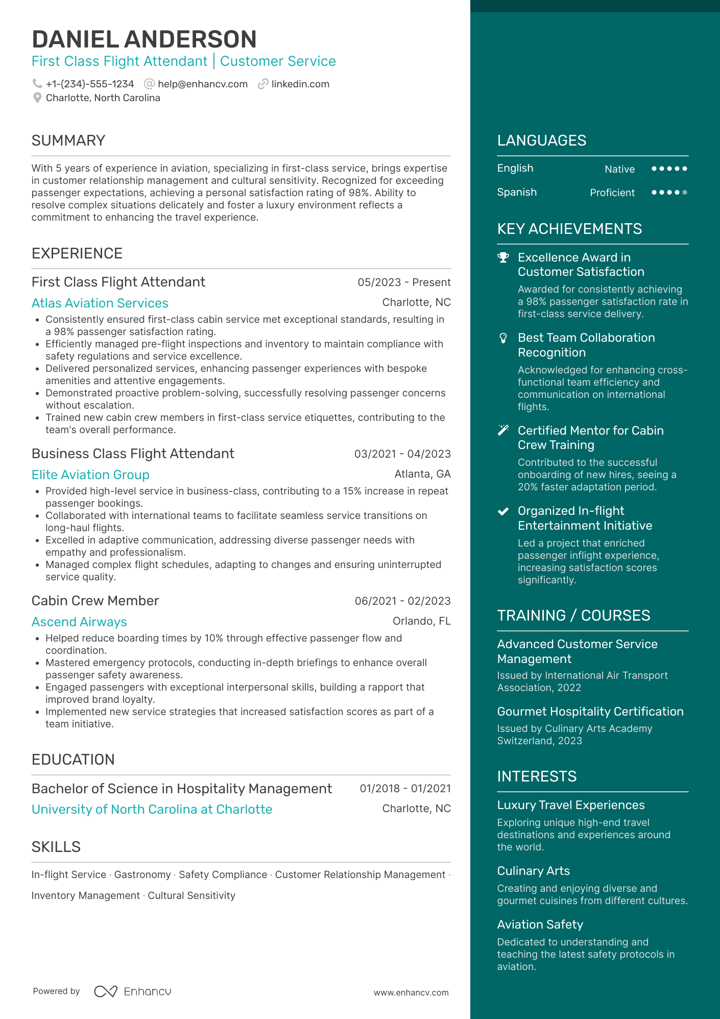 First Class Flight Attendant Resume Example