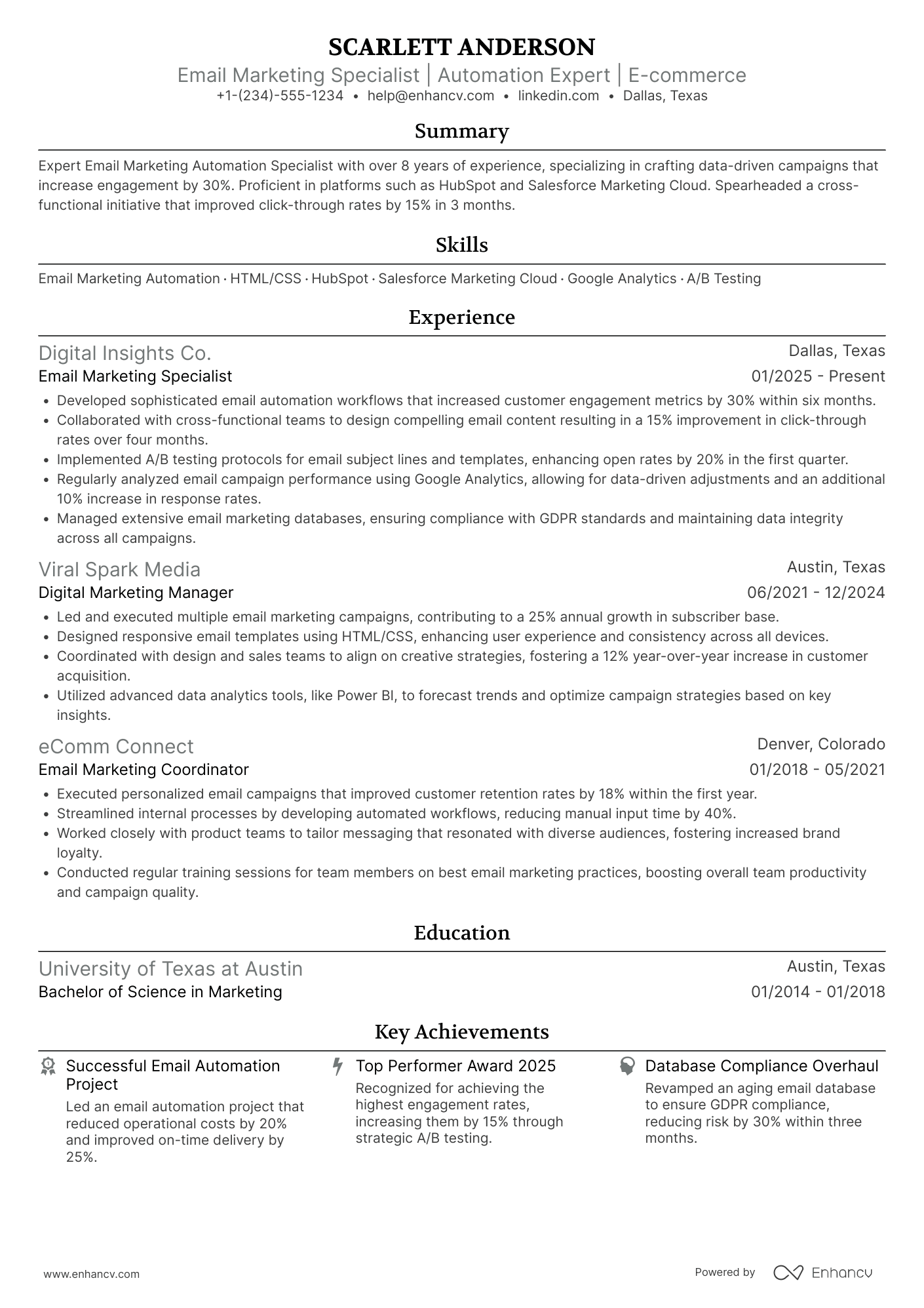 Email Marketing Automation Specialist Resume Example