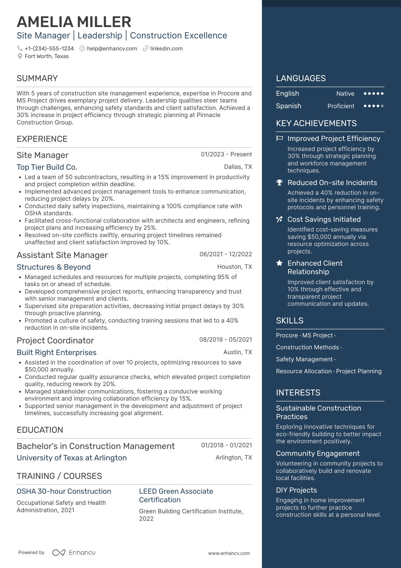 Site Manager Resume Example