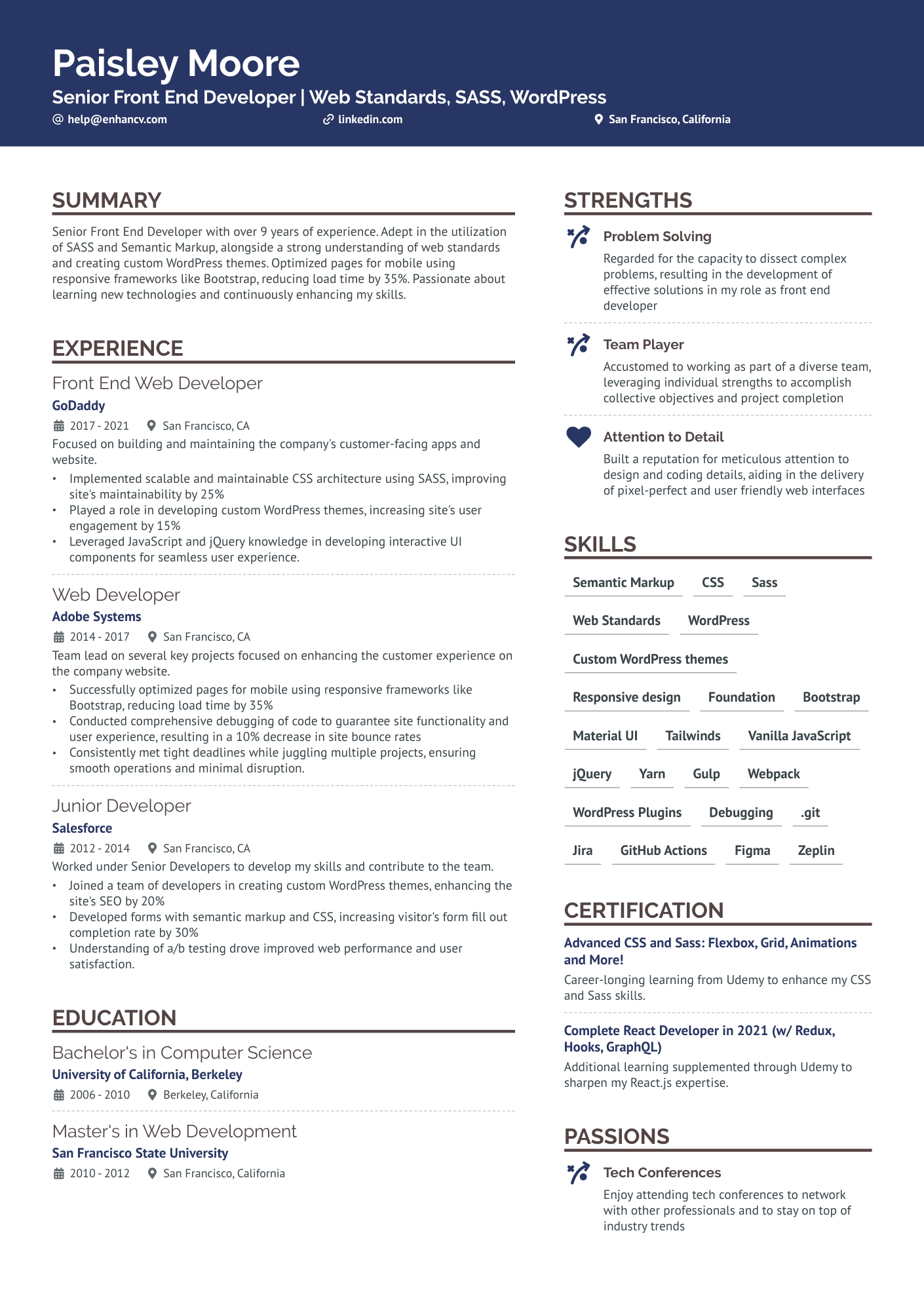 Front End Web Developer Resume Example
