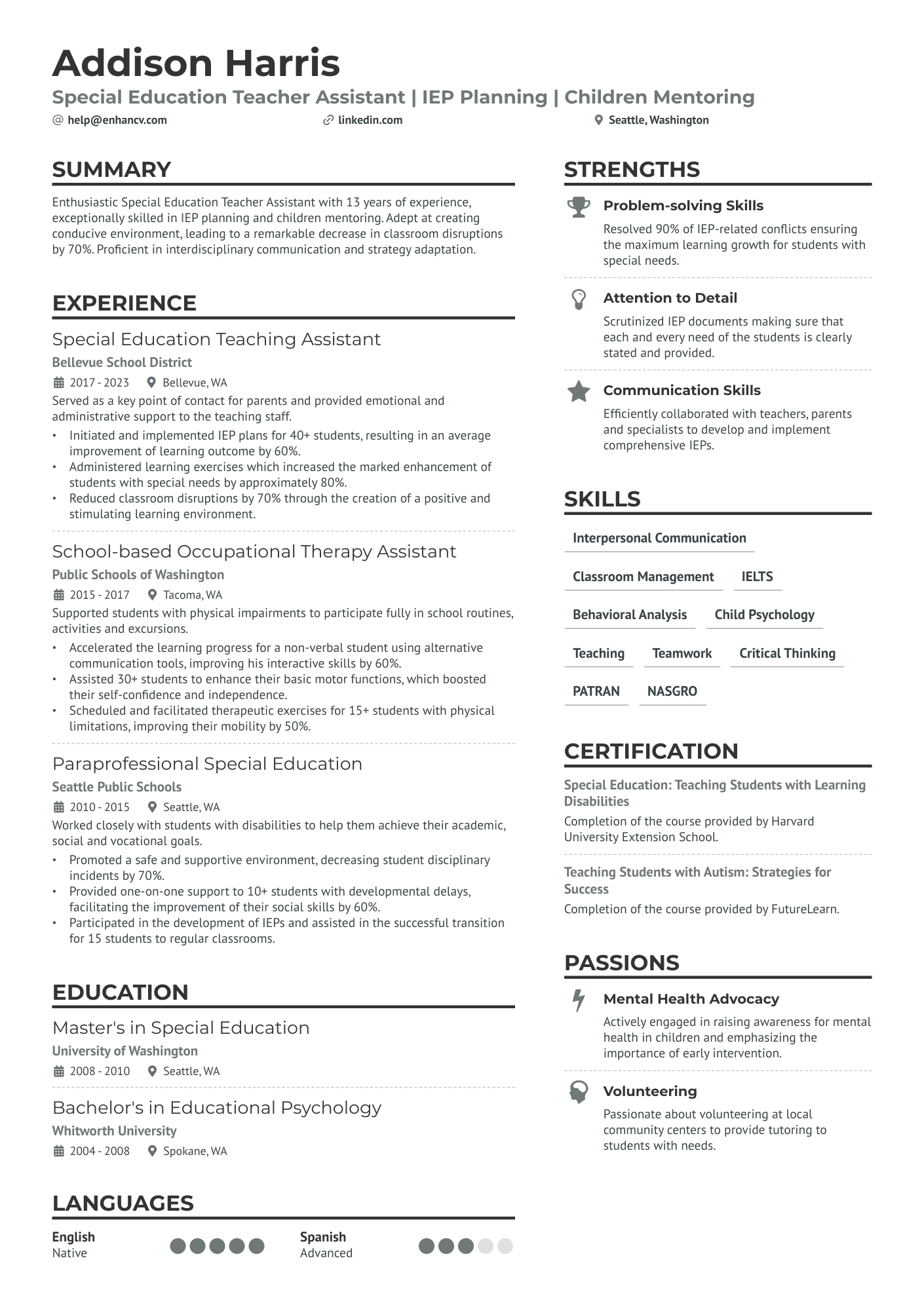 Special Education Teacher Assistant Resume Example