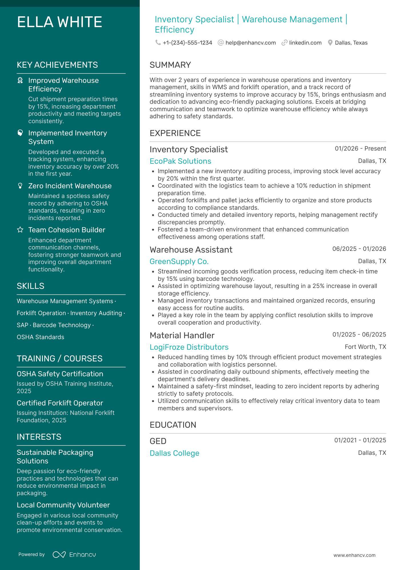 Warehouse Worker ��� Inventory Specialist Resume Example