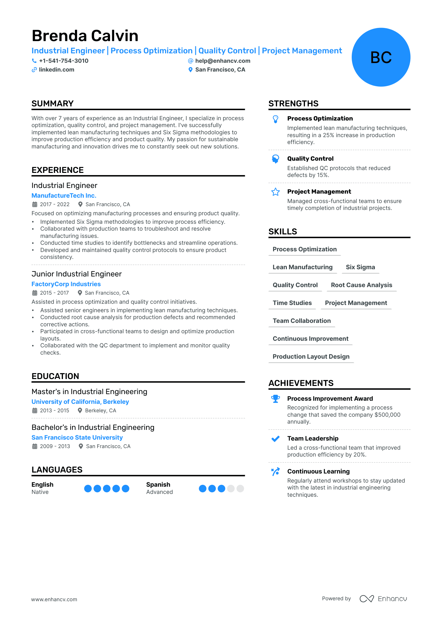 Industrial Engineer Resume Example