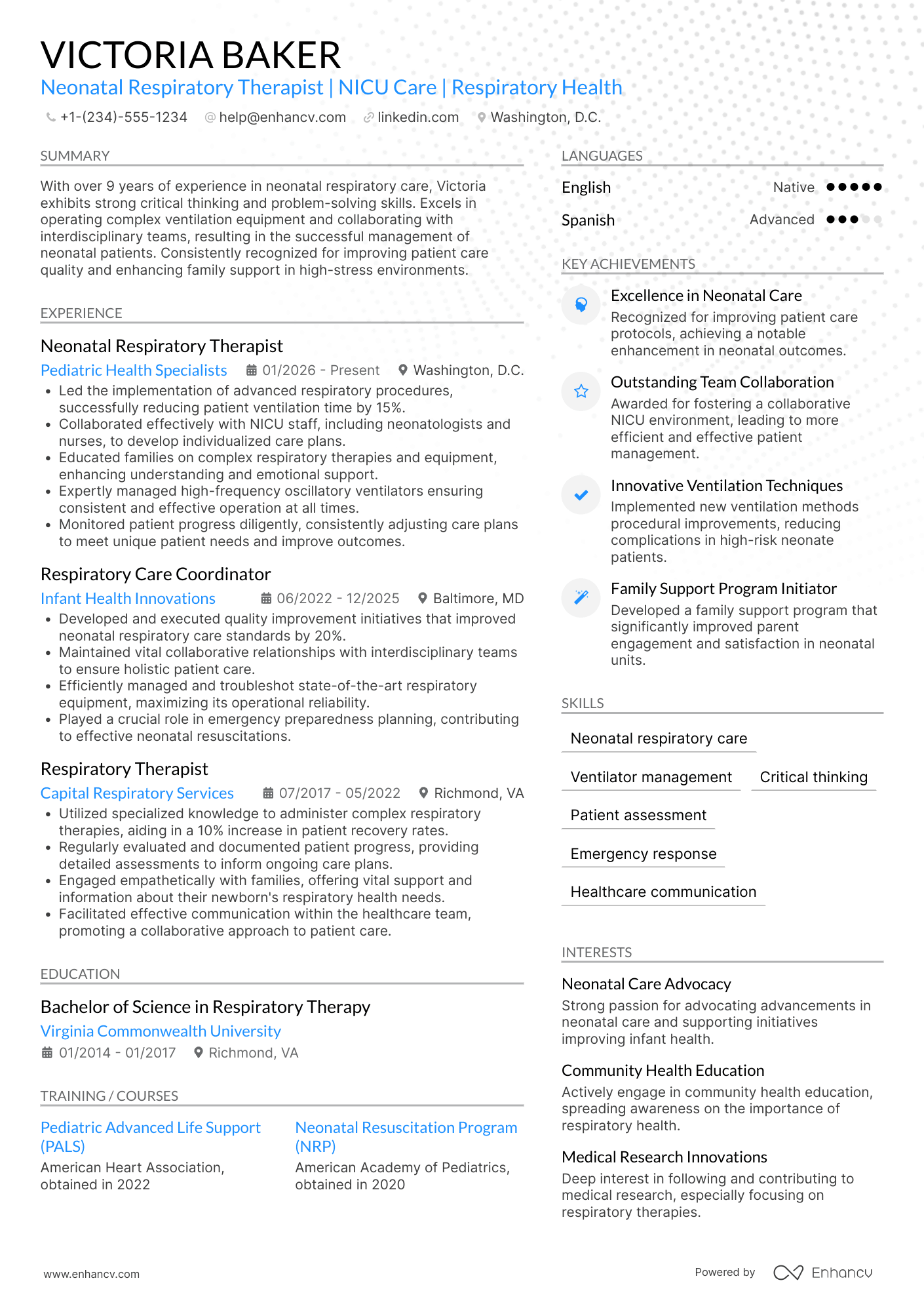 Neonatal Respiratory Therapist Resume Example