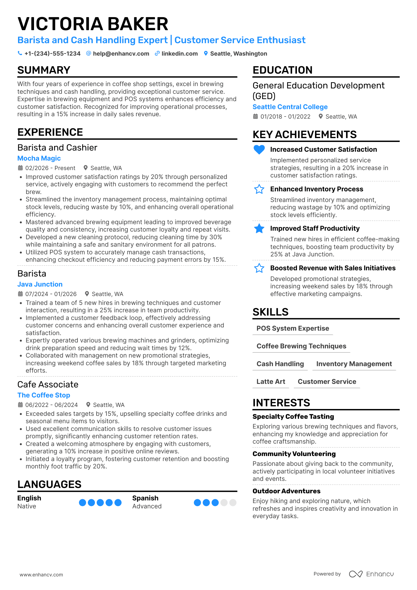 Barista and Cashier Resume Example