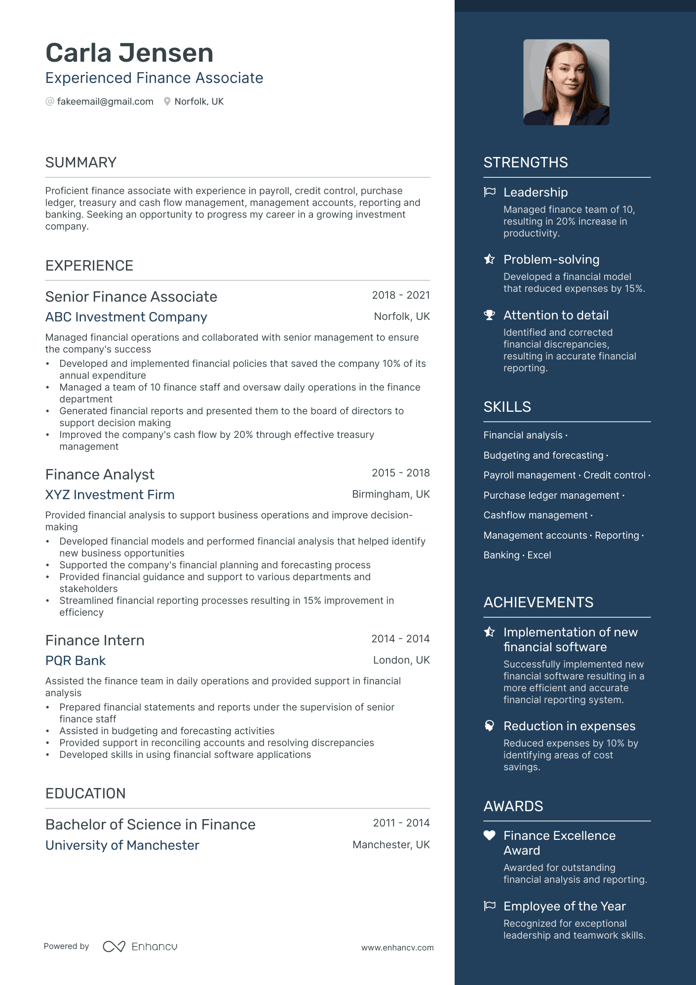 Finance Associate Resume Example