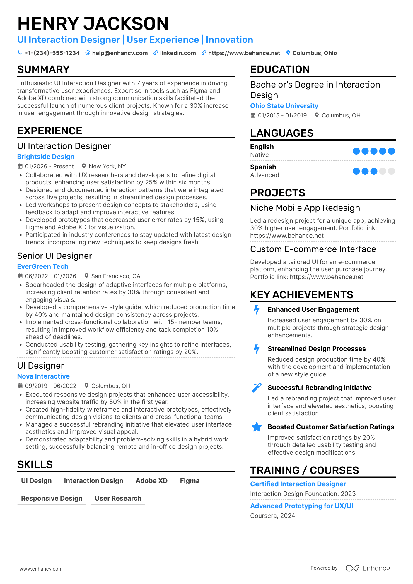 UI Interaction Designer Resume Example