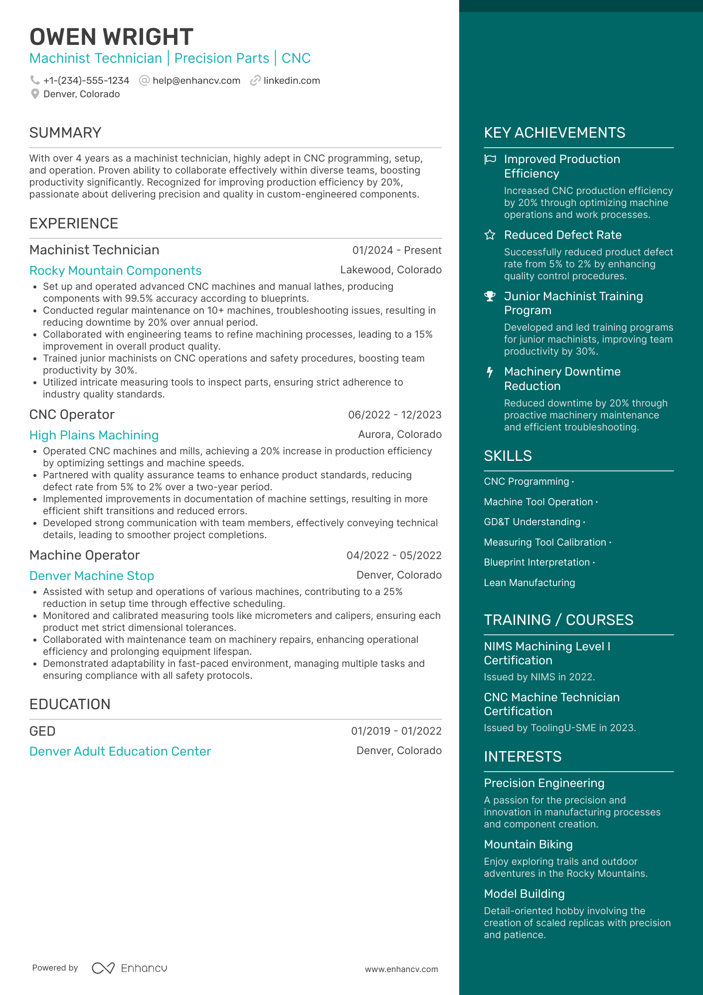 Machinist Technician Resume Example