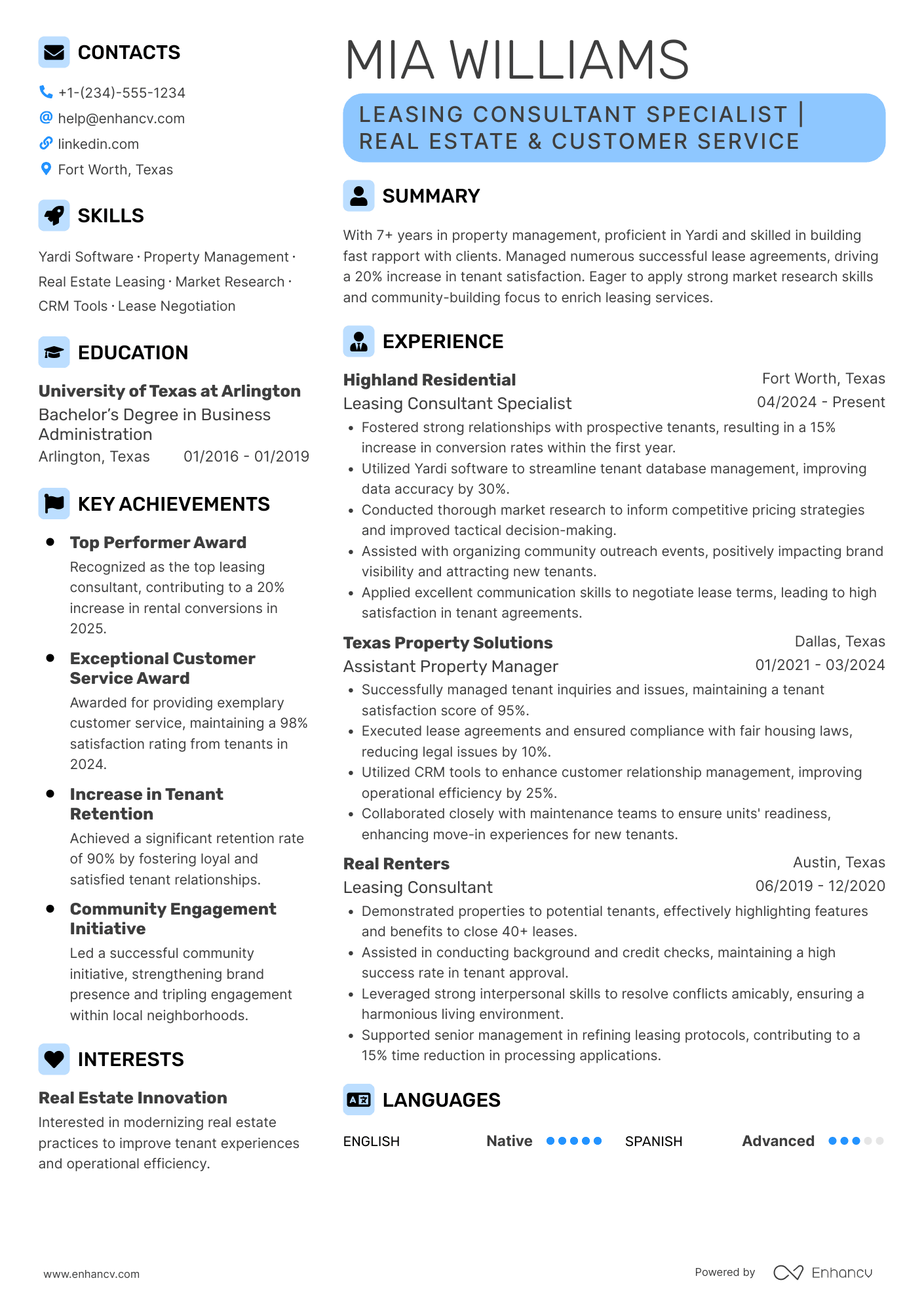 Leasing Consultant Specialist Resume Example