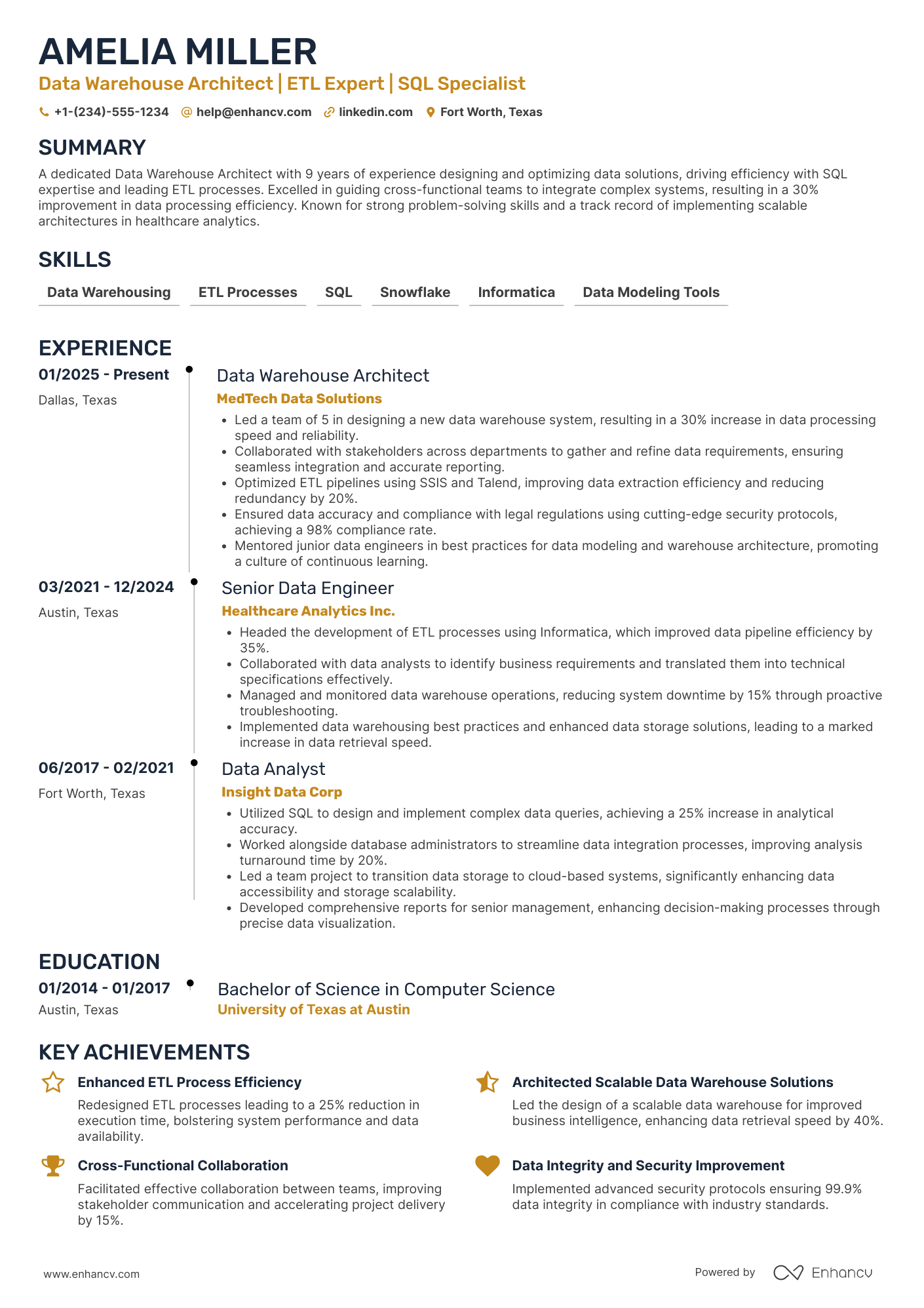 Data Warehouse Architect Resume Example