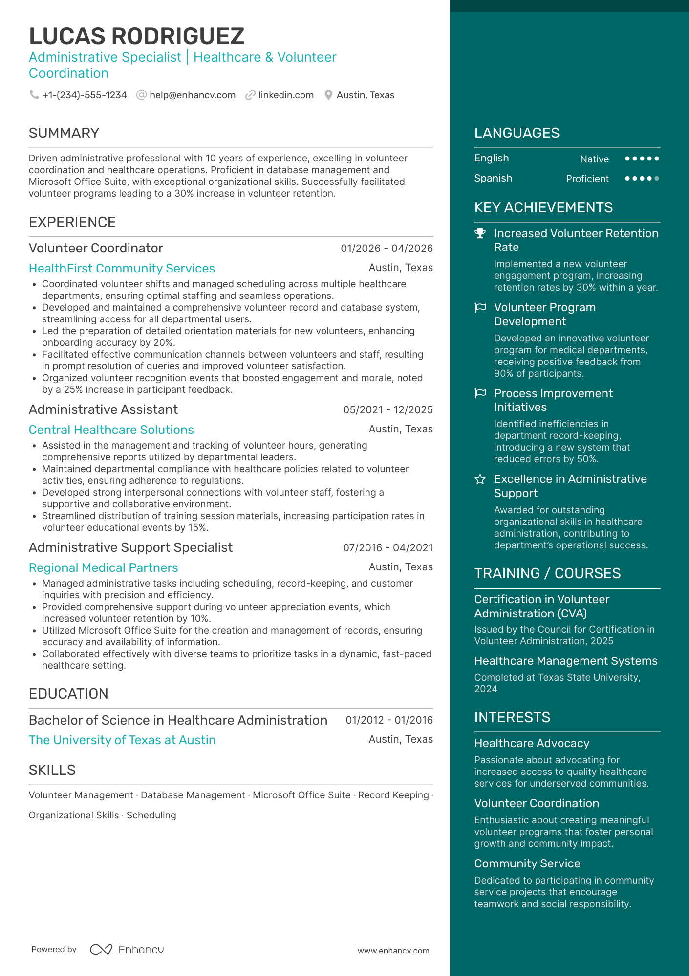 Hospital Volunteer Administrative Assistant Resume Example