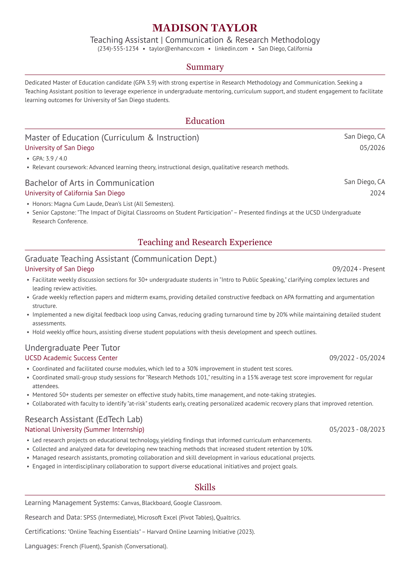 Teaching Assistant College  Resume Example