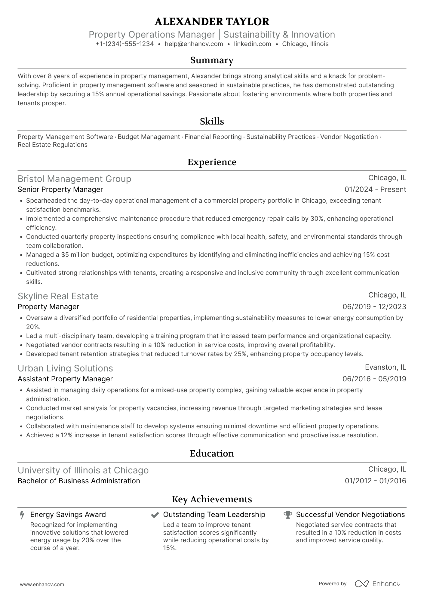 Property Operations Manager Resume Example