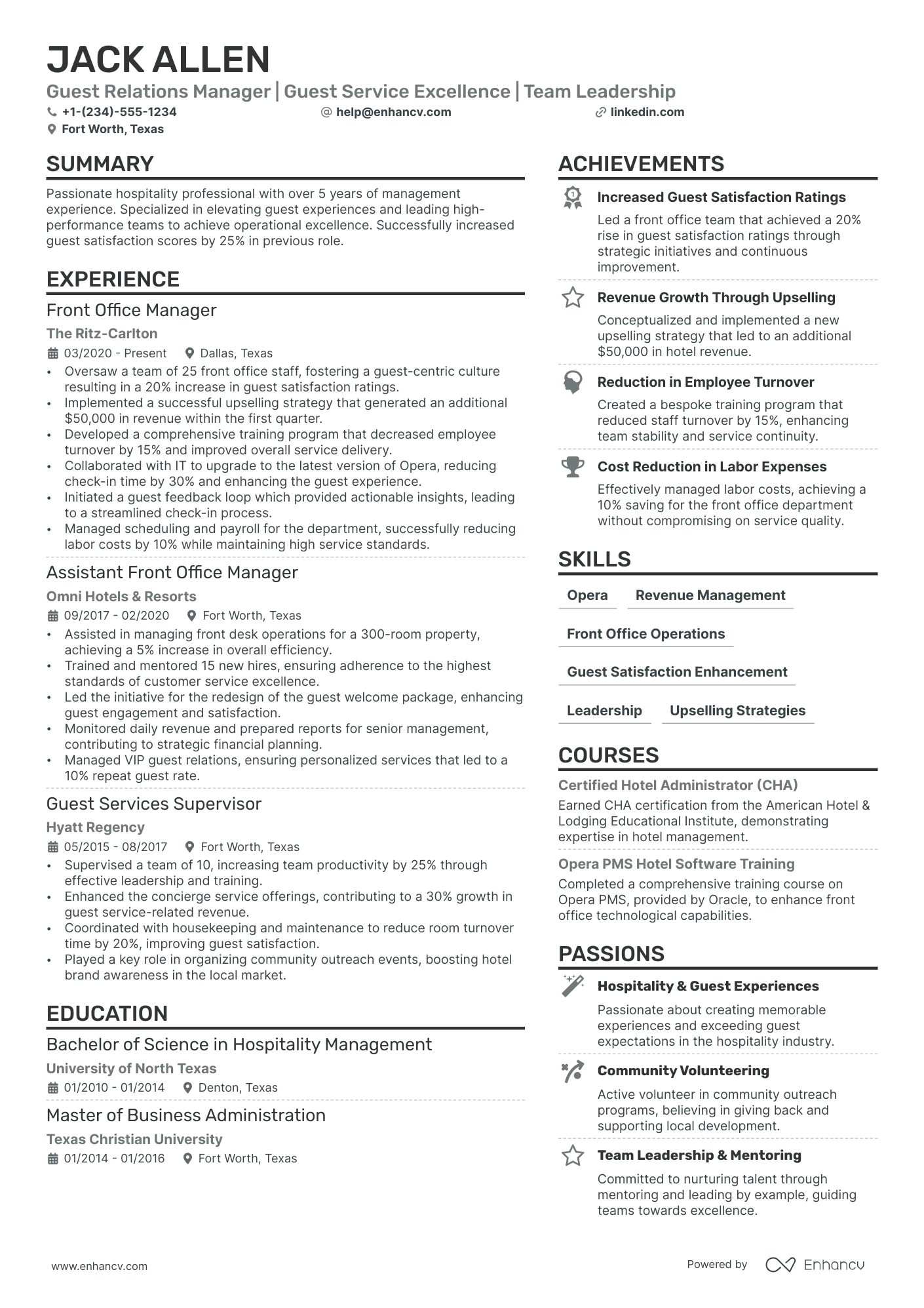 Guest Relations Manager Resume Example