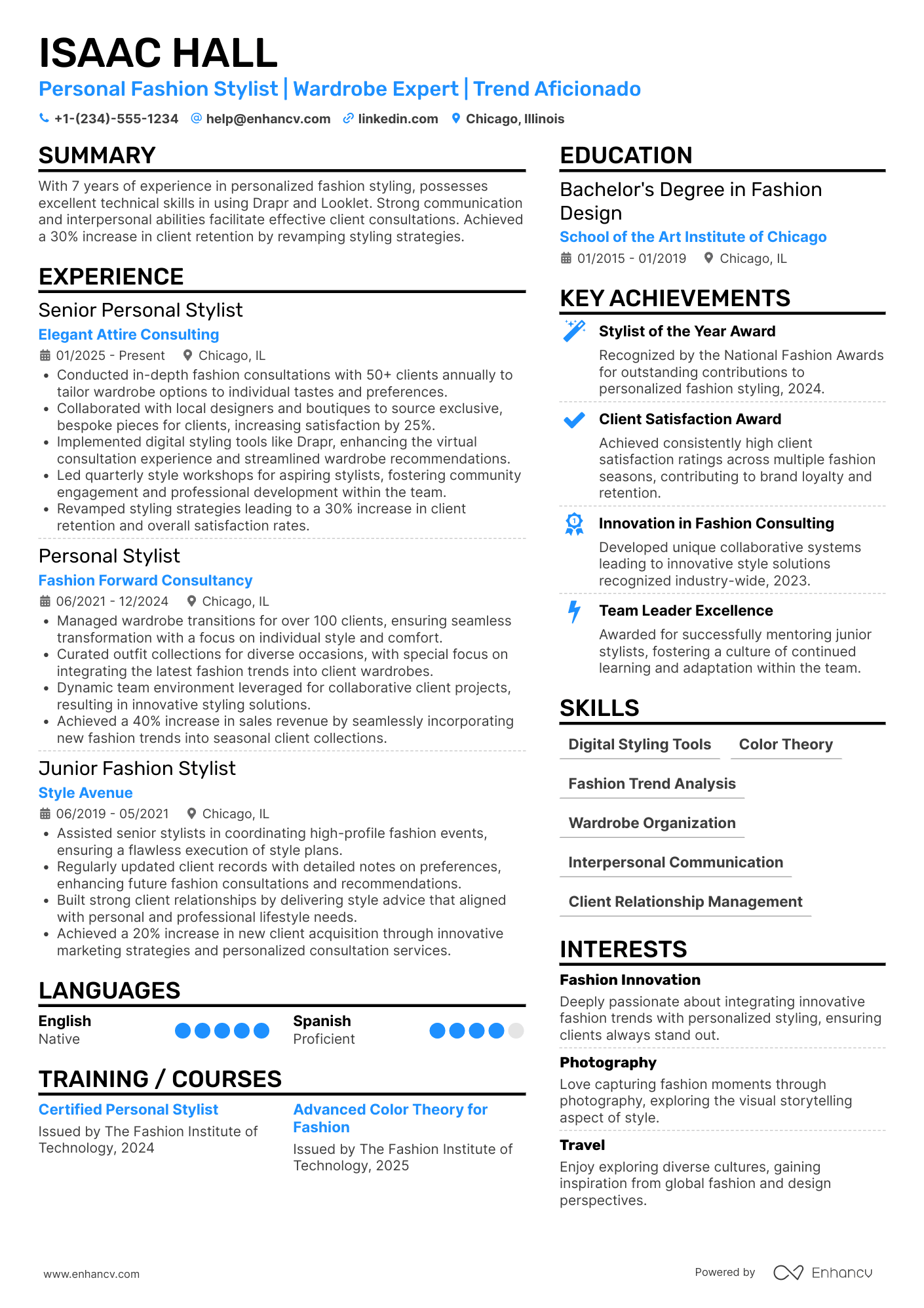 Personal Fashion Stylist Resume Example