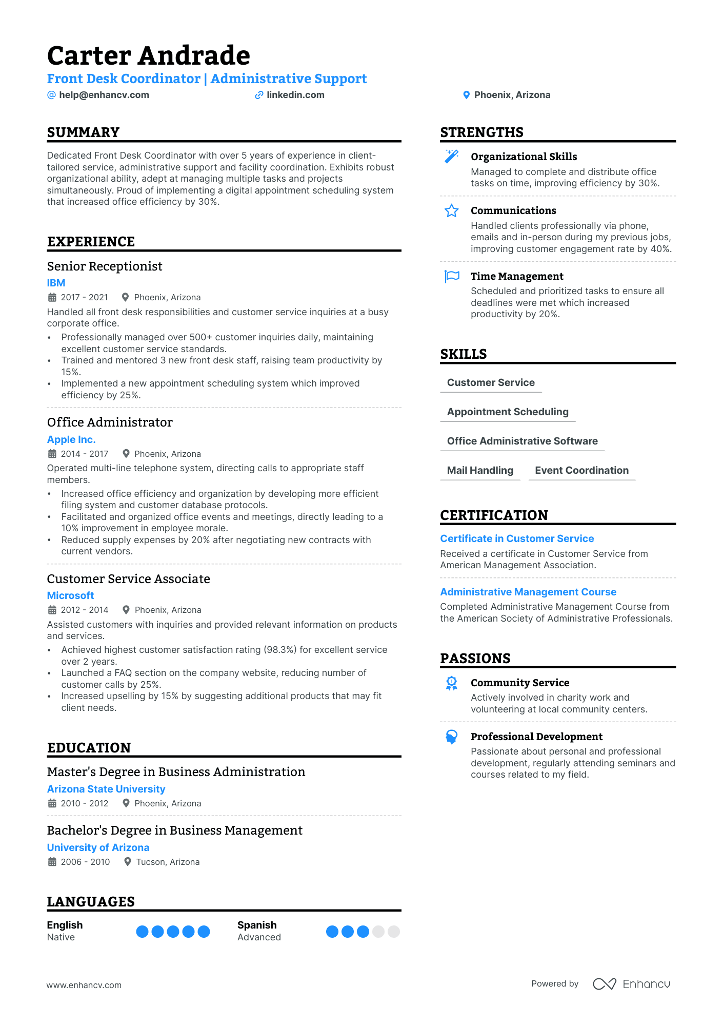Front Desk Coordinator Resume Example