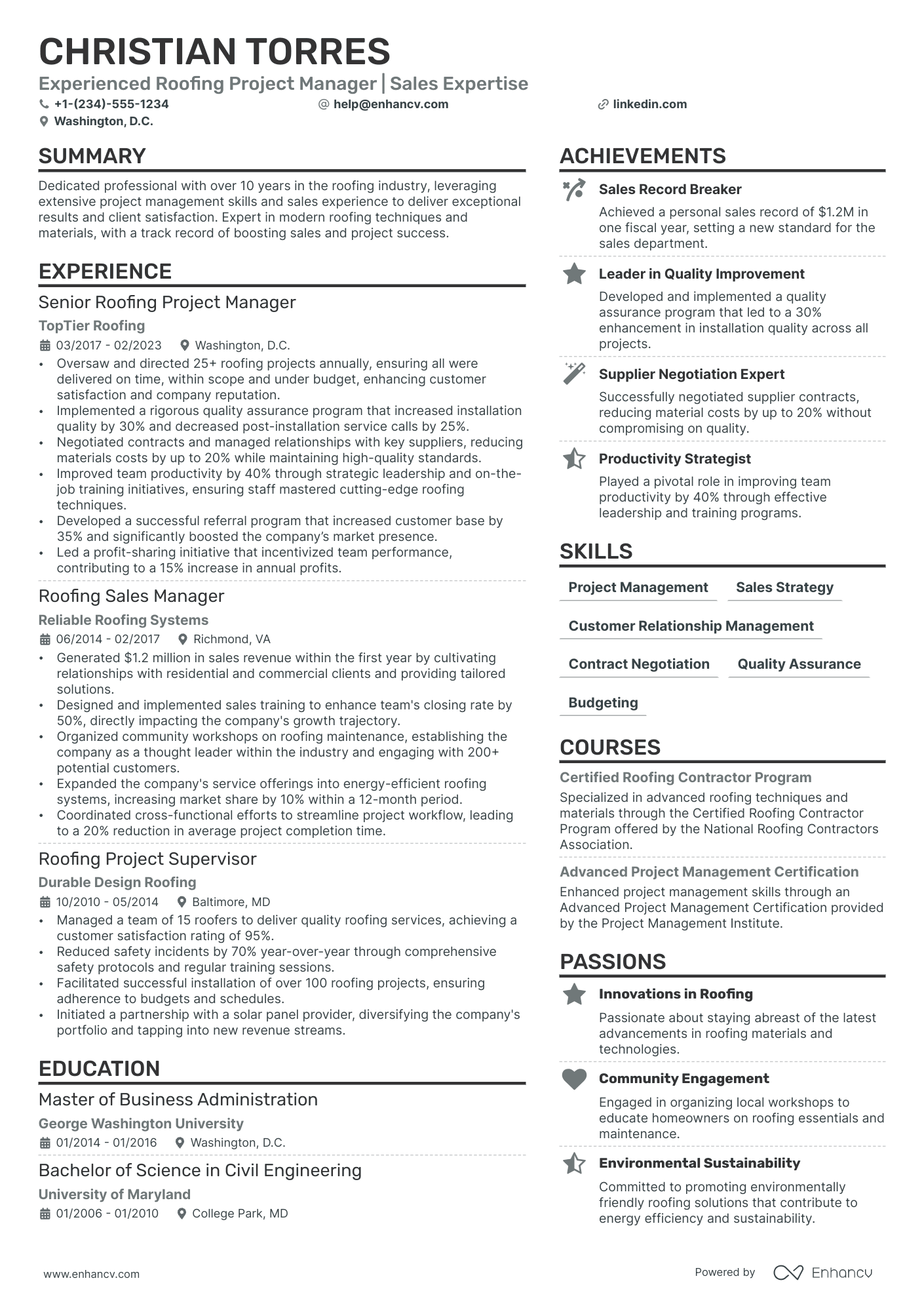 Roofing Project Manager Resume Example