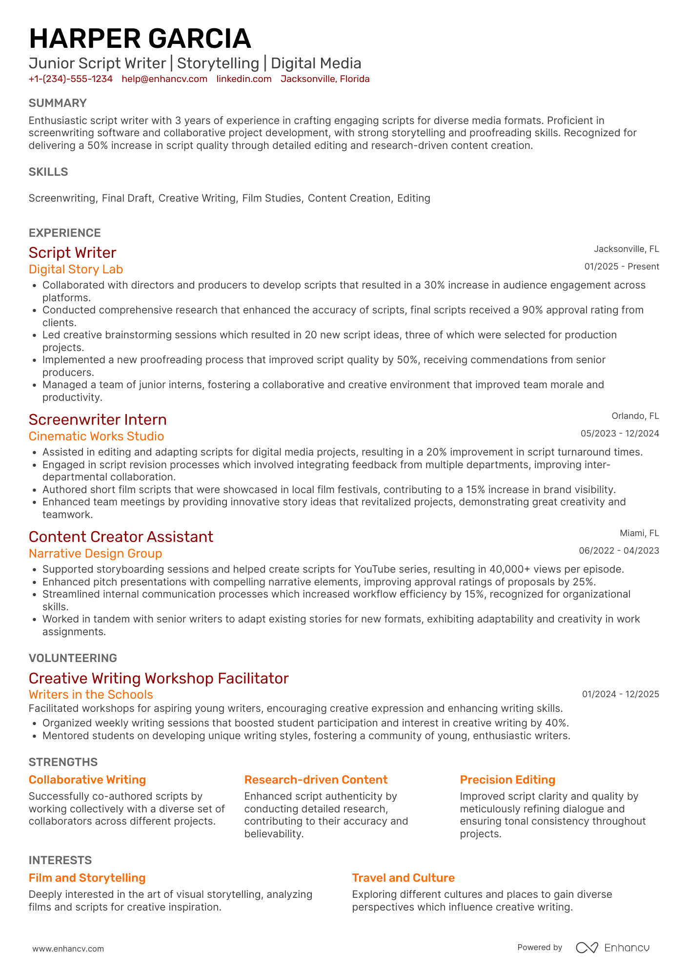Junior Script Writer Resume Example