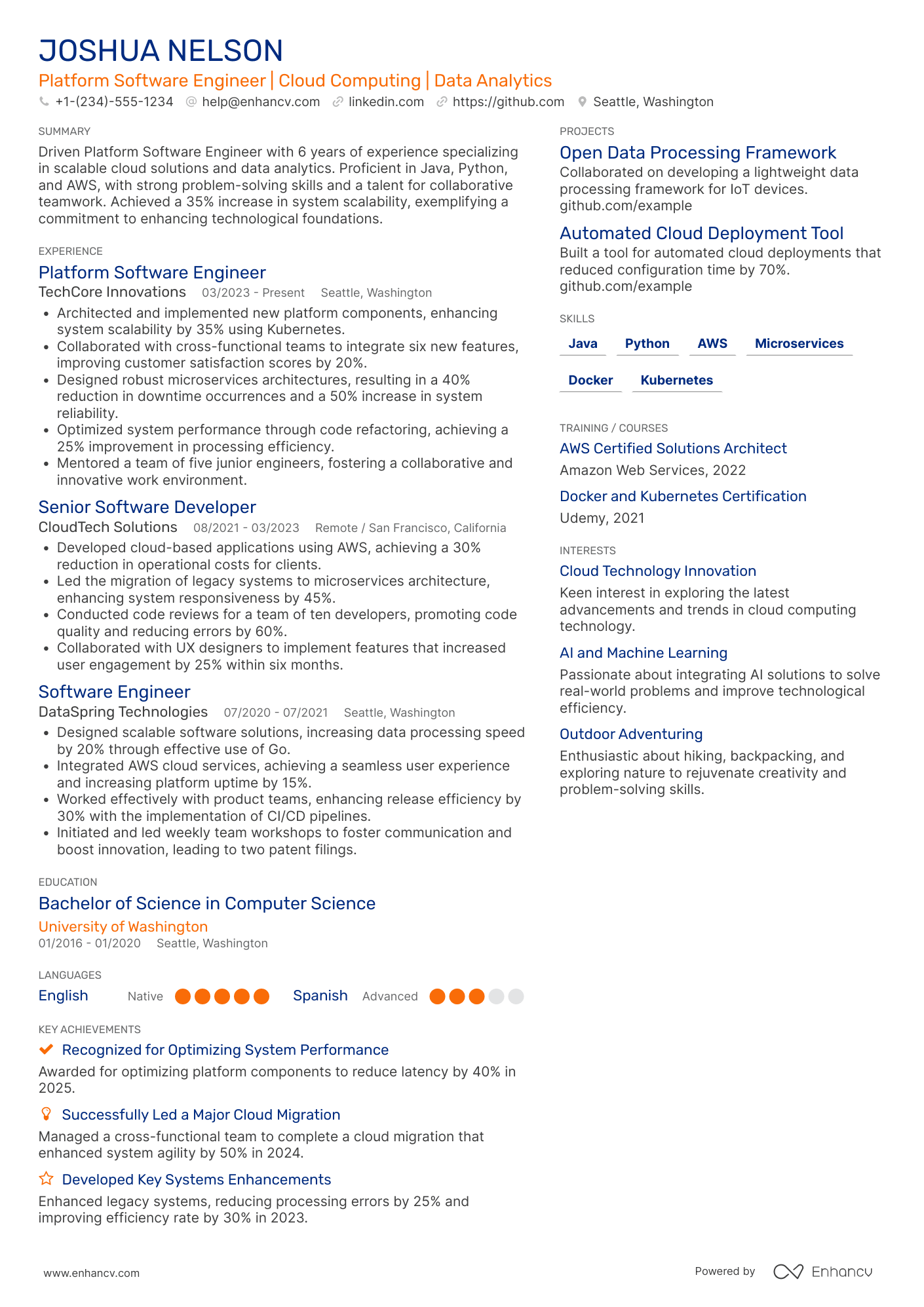 Platform Software Engineer Resume Example