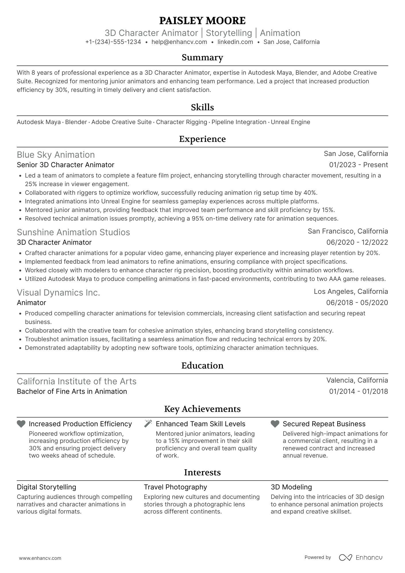 3D Character Animator Resume Example