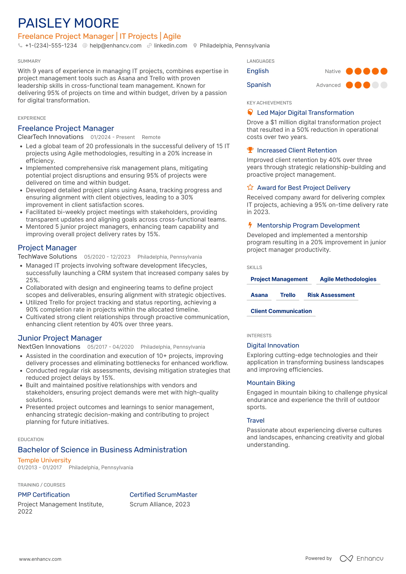 Freelance Project Manager Resume Example