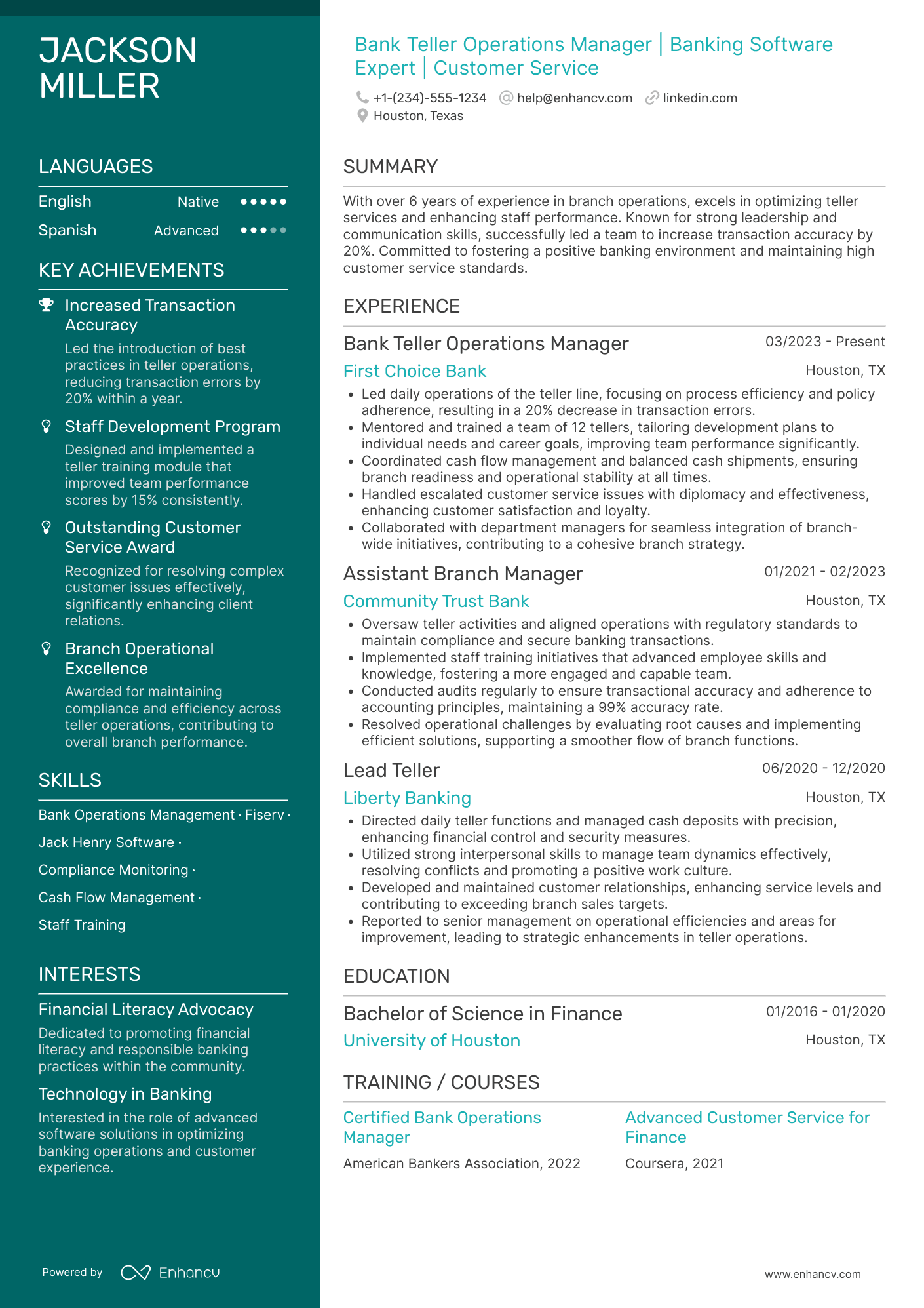 Bank Teller Operations Manager Resume Example