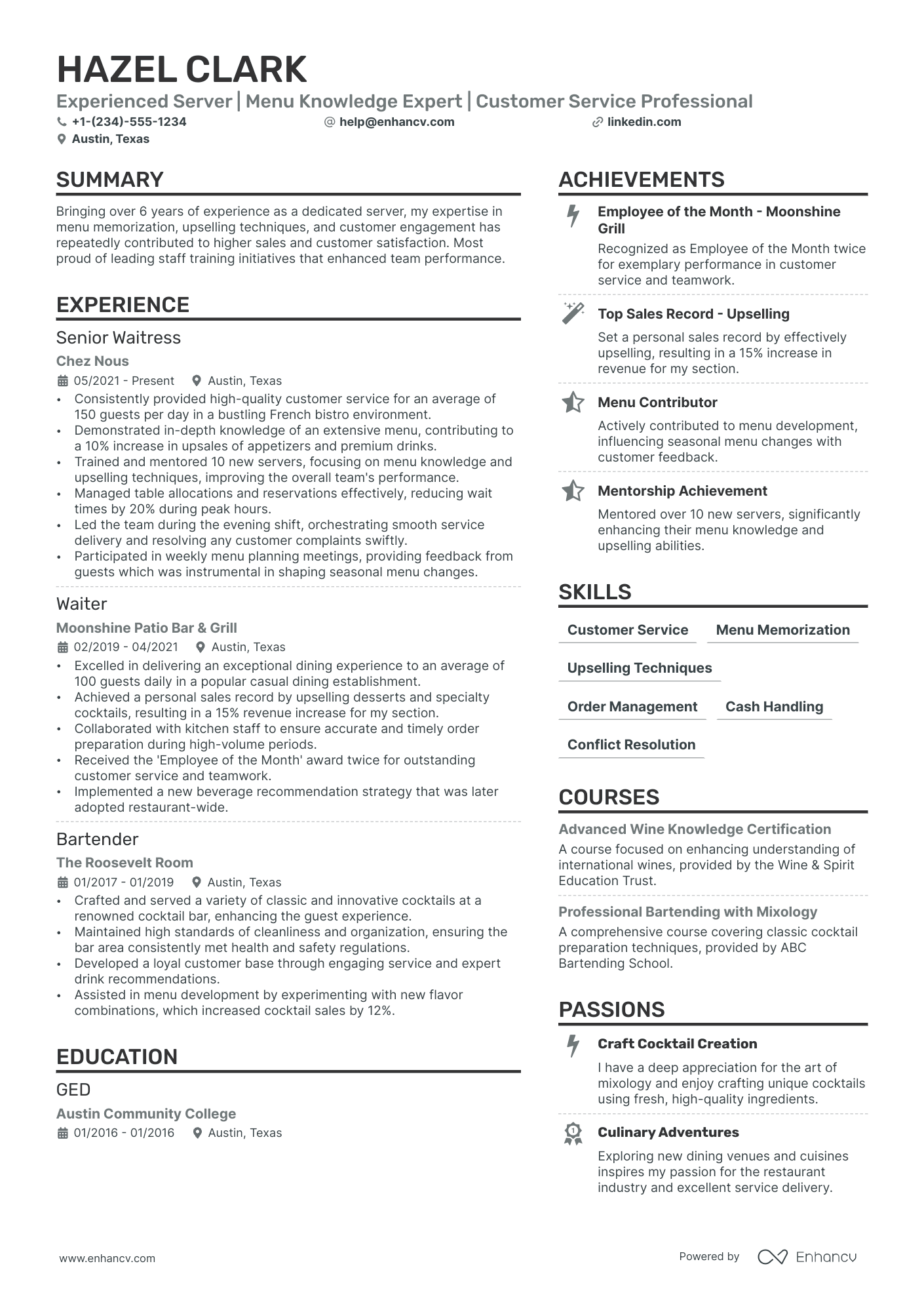 Waitress Cashier Resume Example