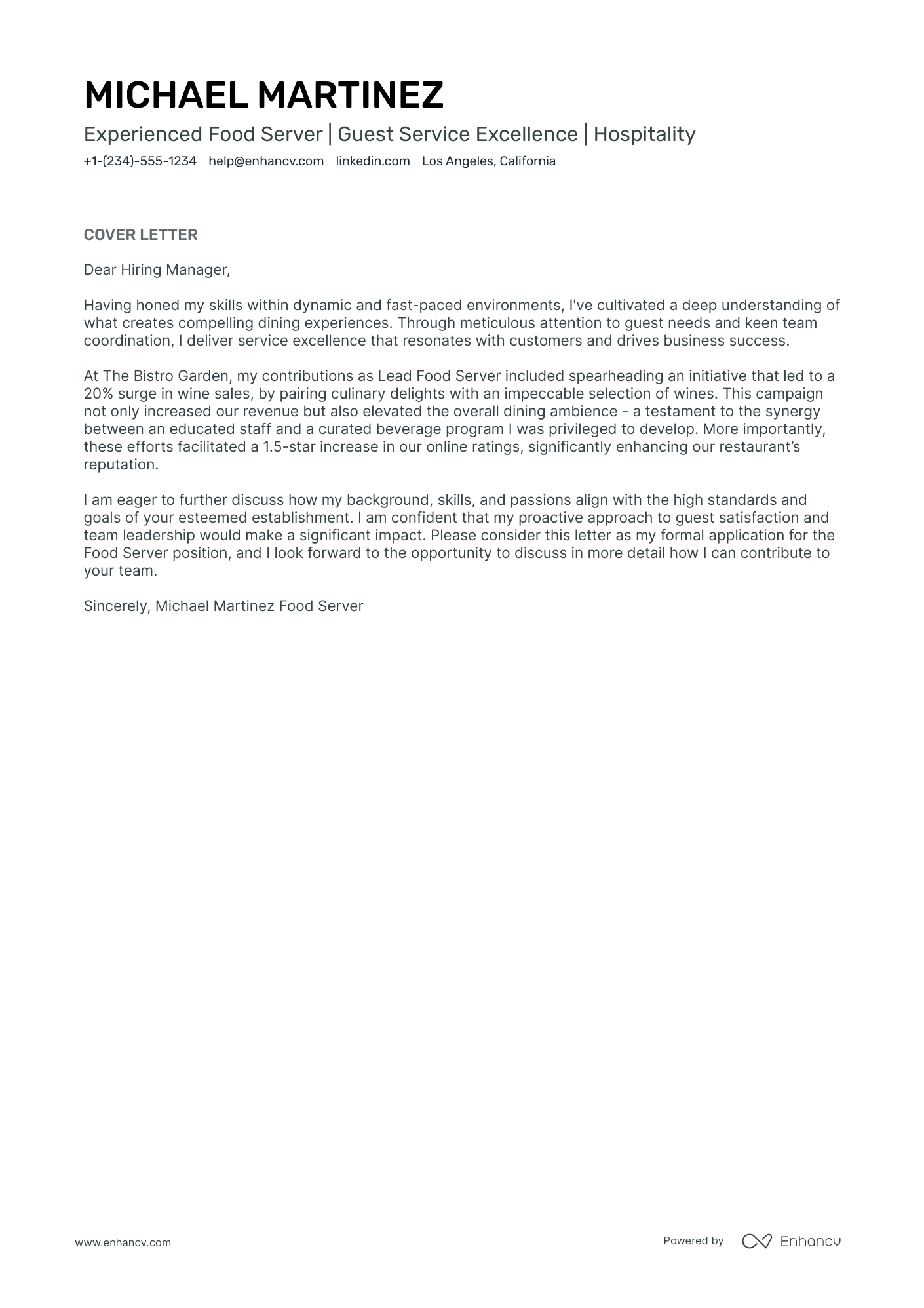 Food Server Resume Example