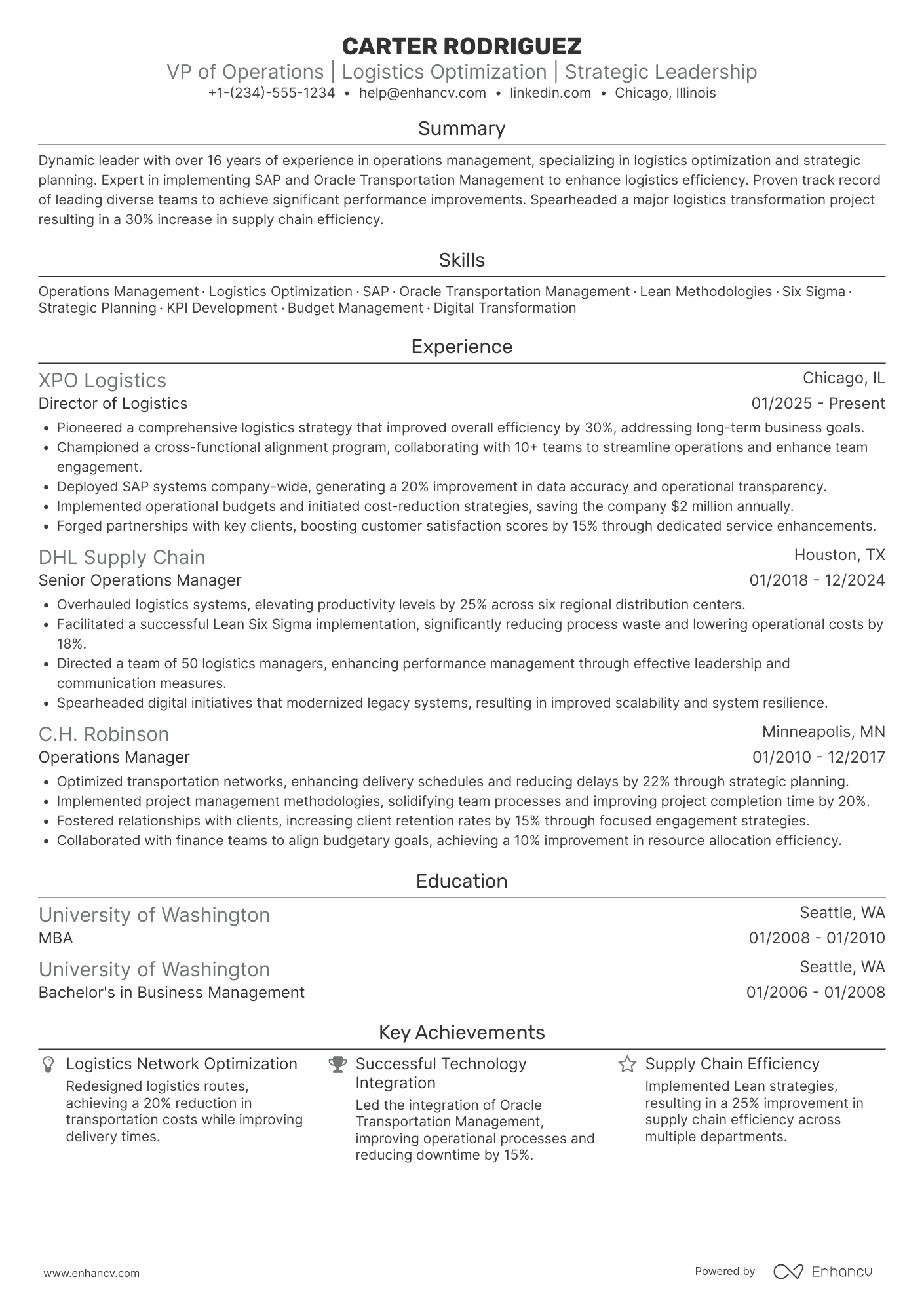 Vice President of Operations Resume Example