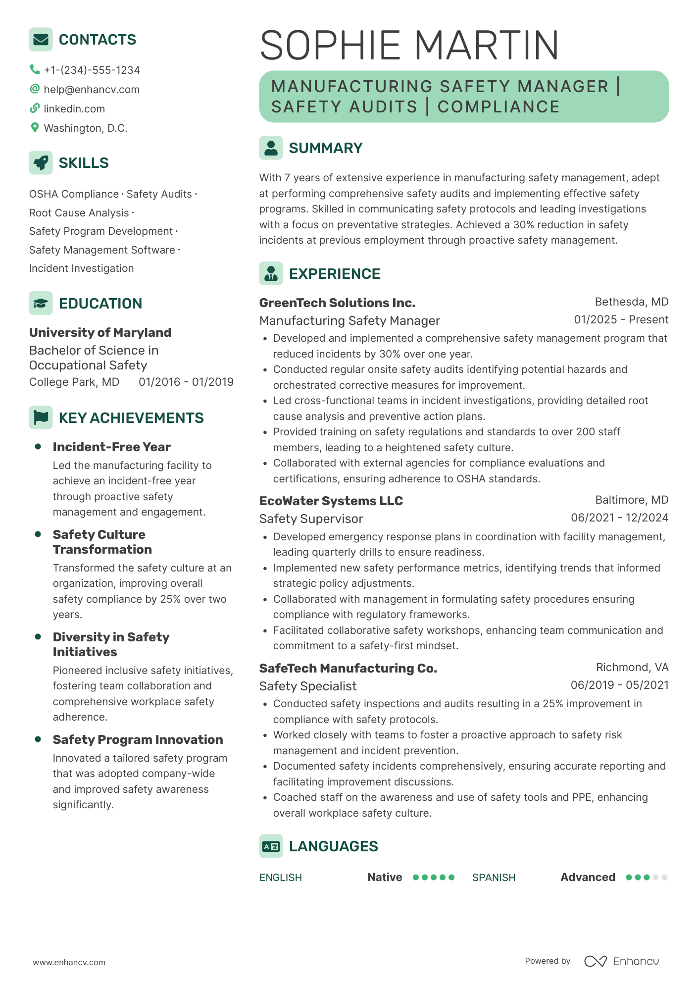 Manufacturing Safety Manager Resume Example