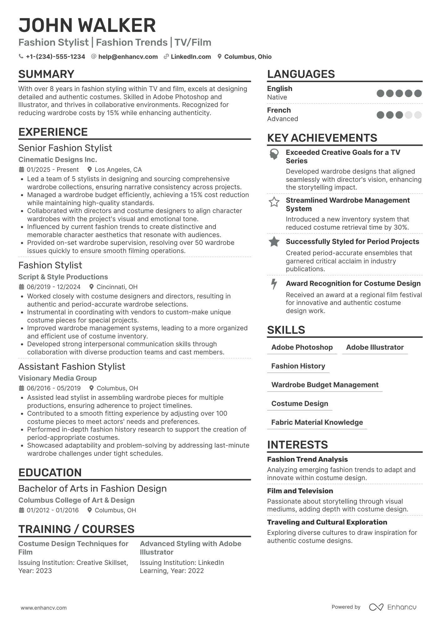 TV/Film Fashion Stylist Resume Example