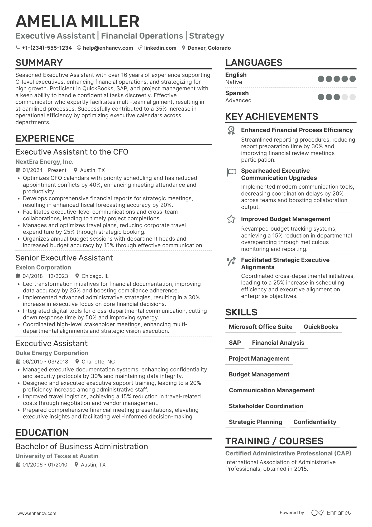 Executive Assistant to the Chief Financial Officer Resume Example
