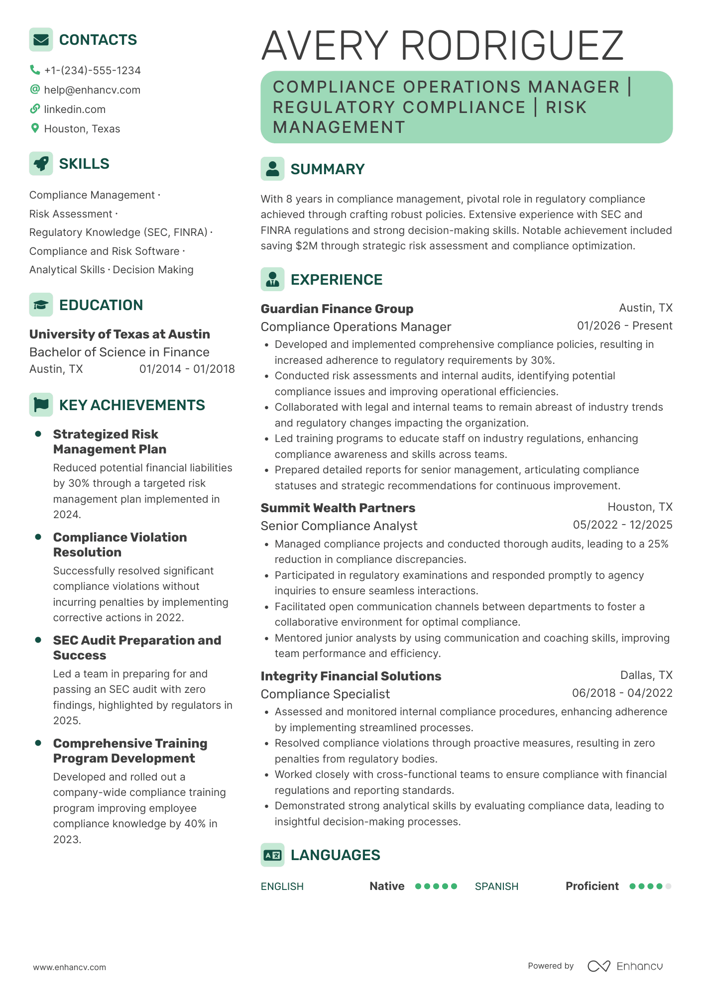 Compliance Operations Manager Resume Example