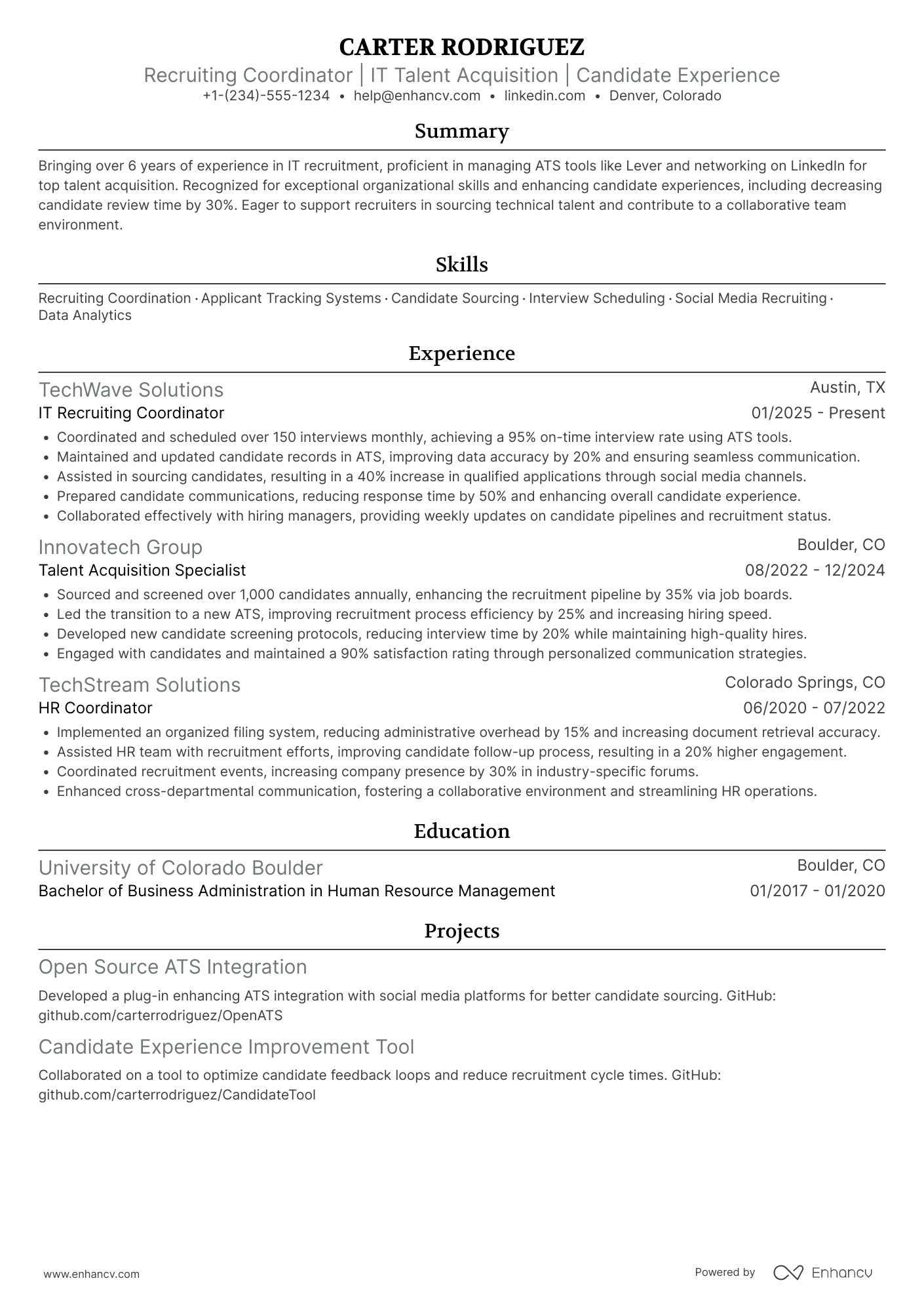 IT Recruiting Coordinator Resume Example