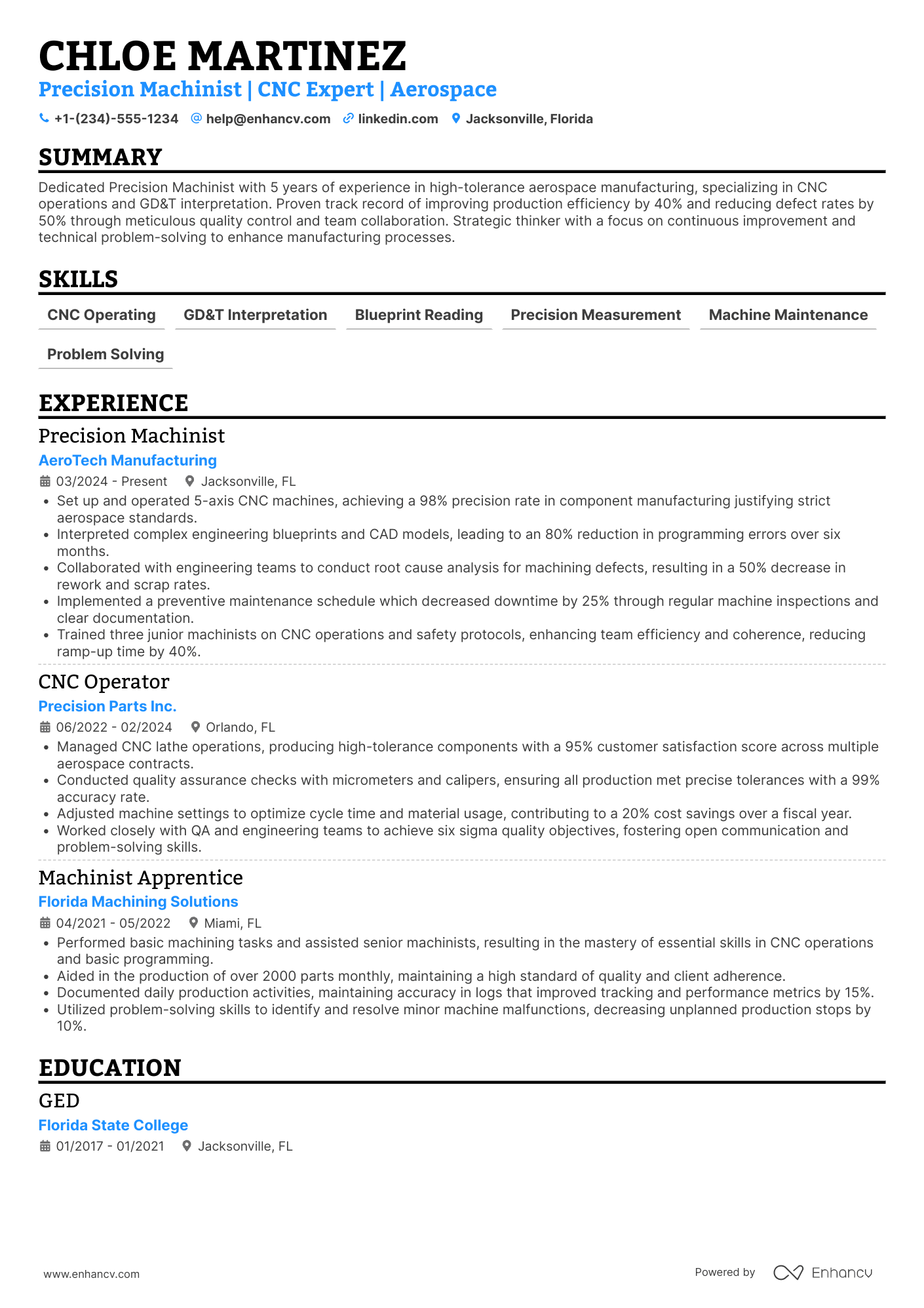 Precision Machinist Resume Example