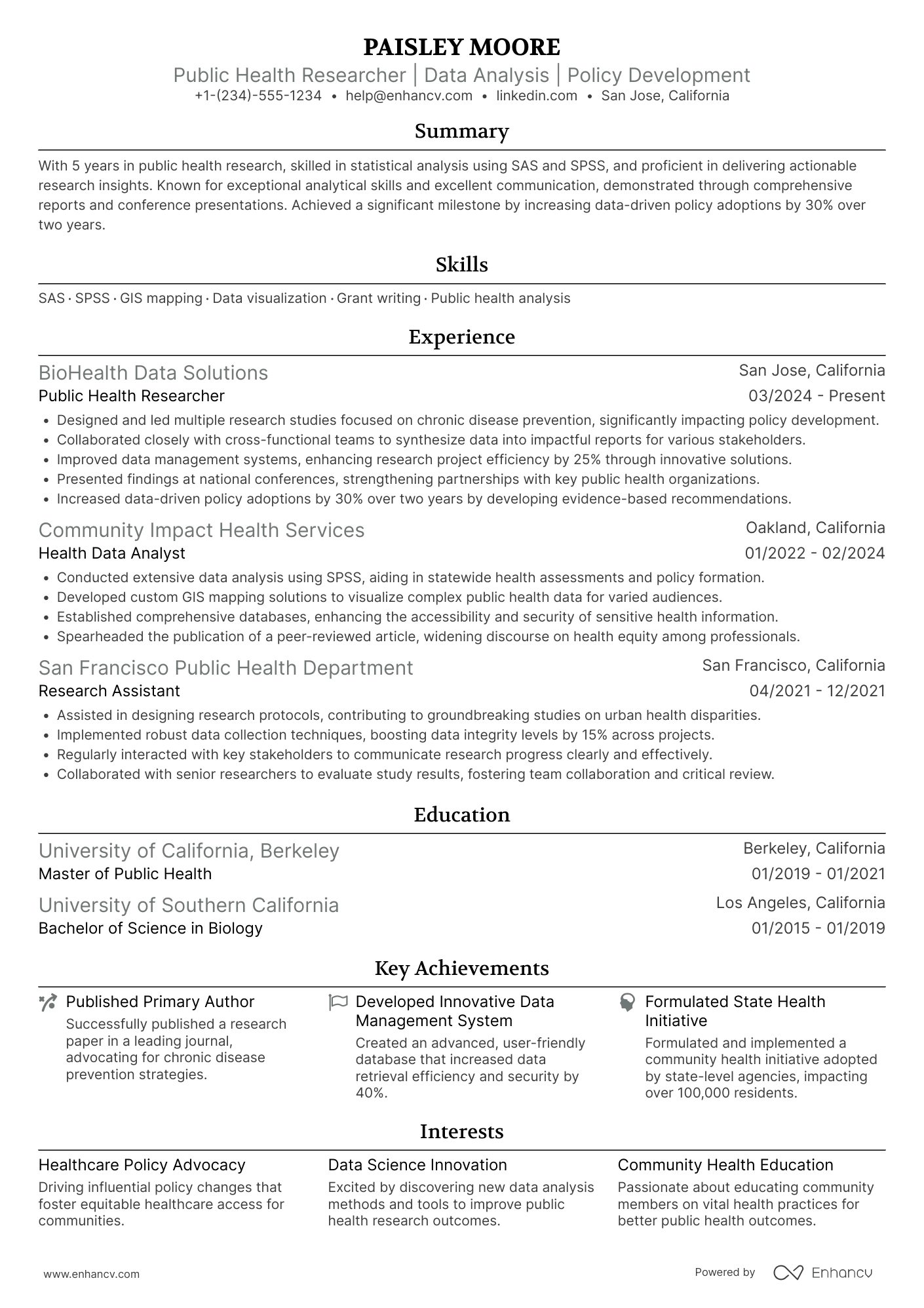 Public Health Researcher Resume Example