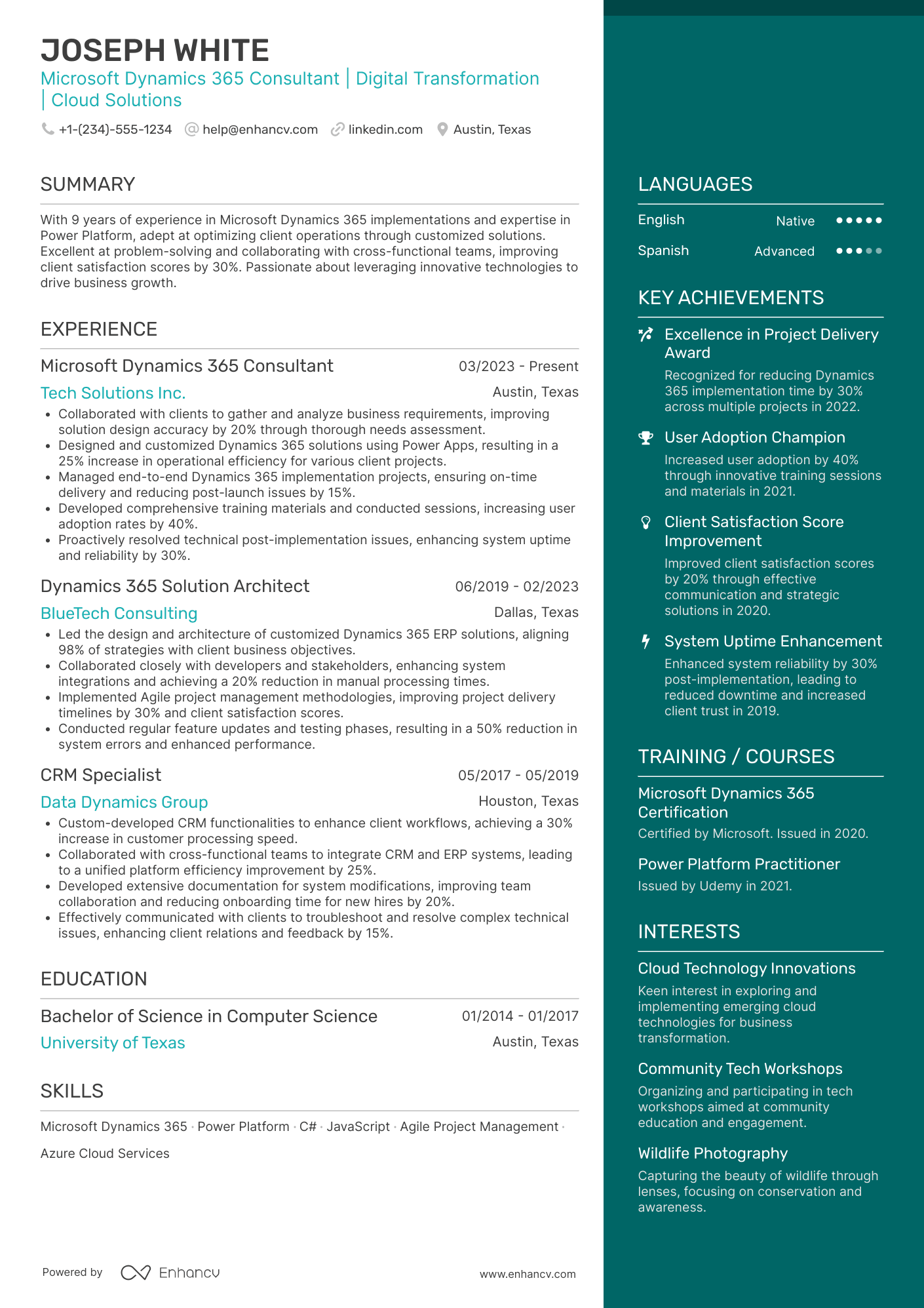 Microsoft Dynamics 365 Consultant Resume Example