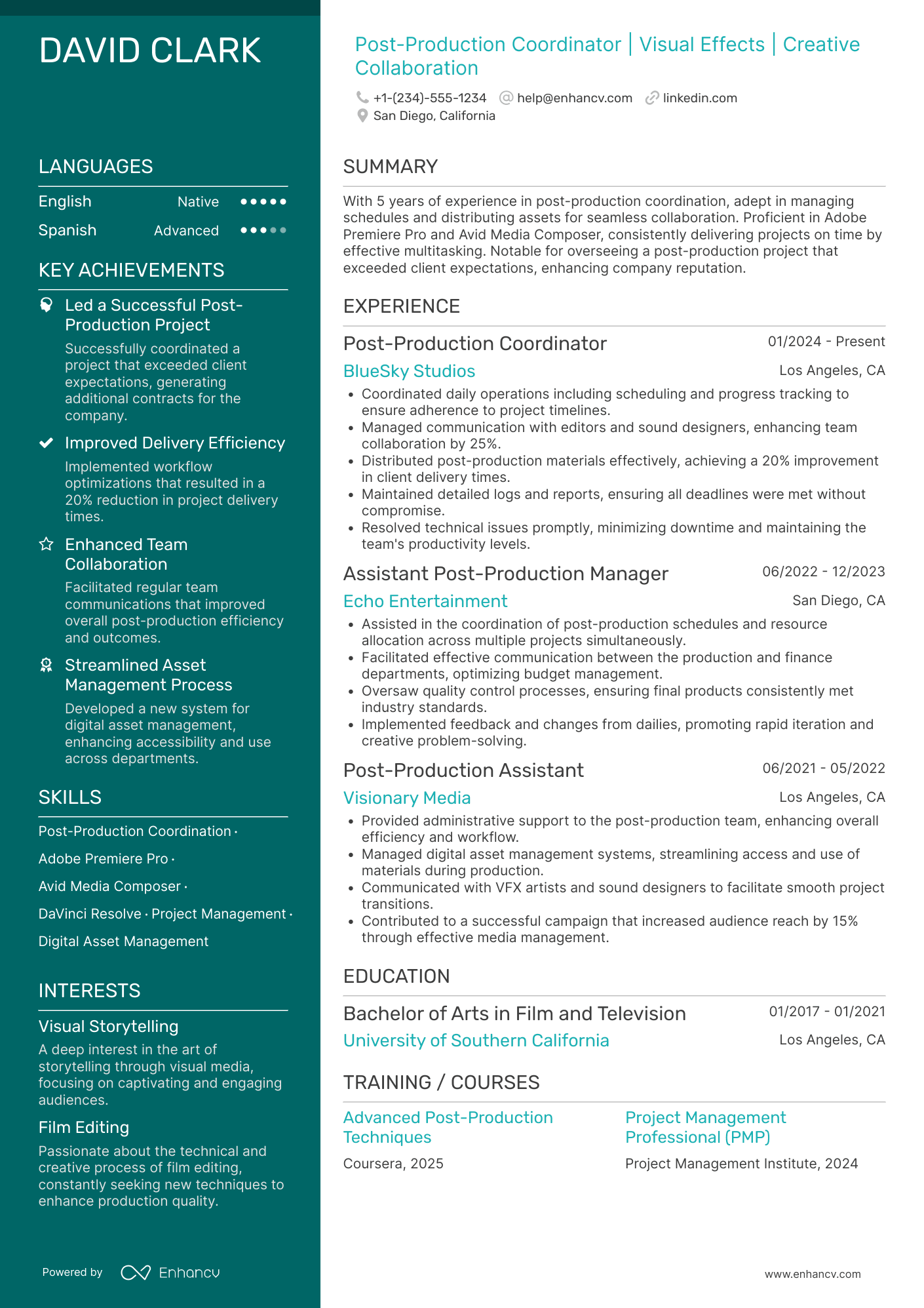 Post Production Coordinator Resume Example