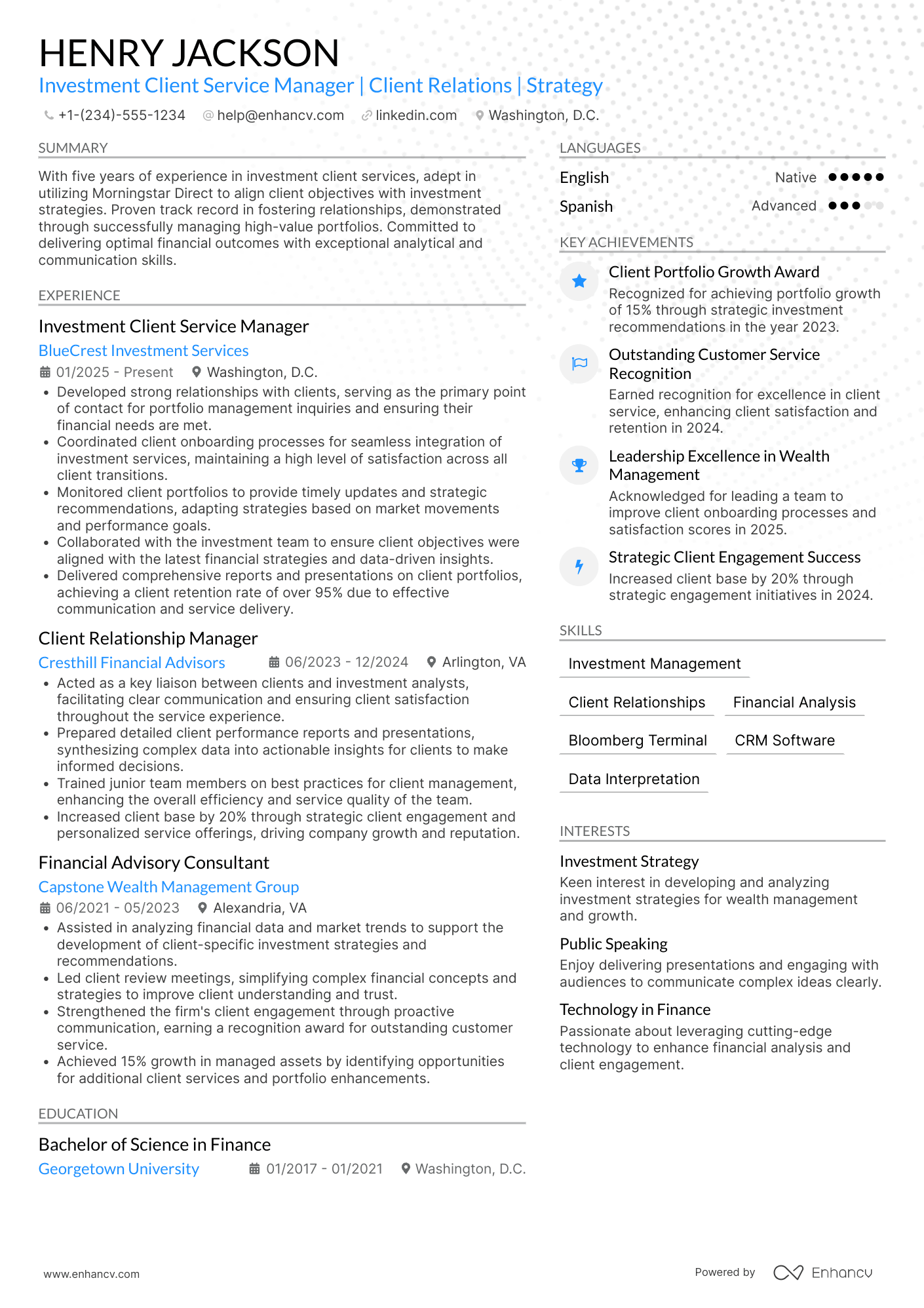Investment Client Service Manager Resume Example