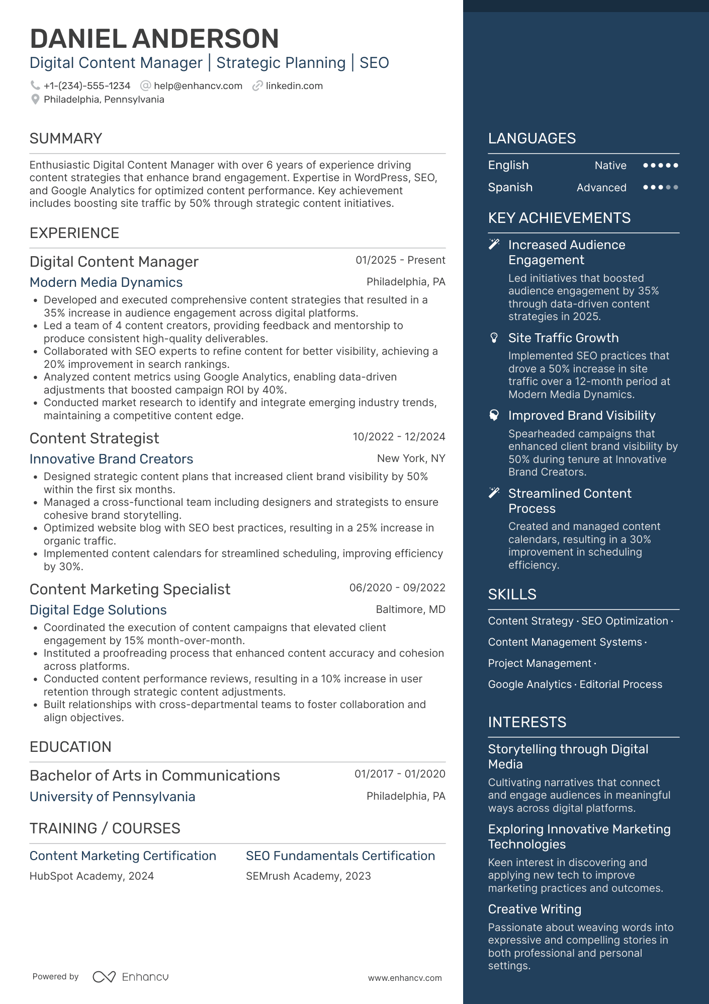 Digital Content Manager Resume Example