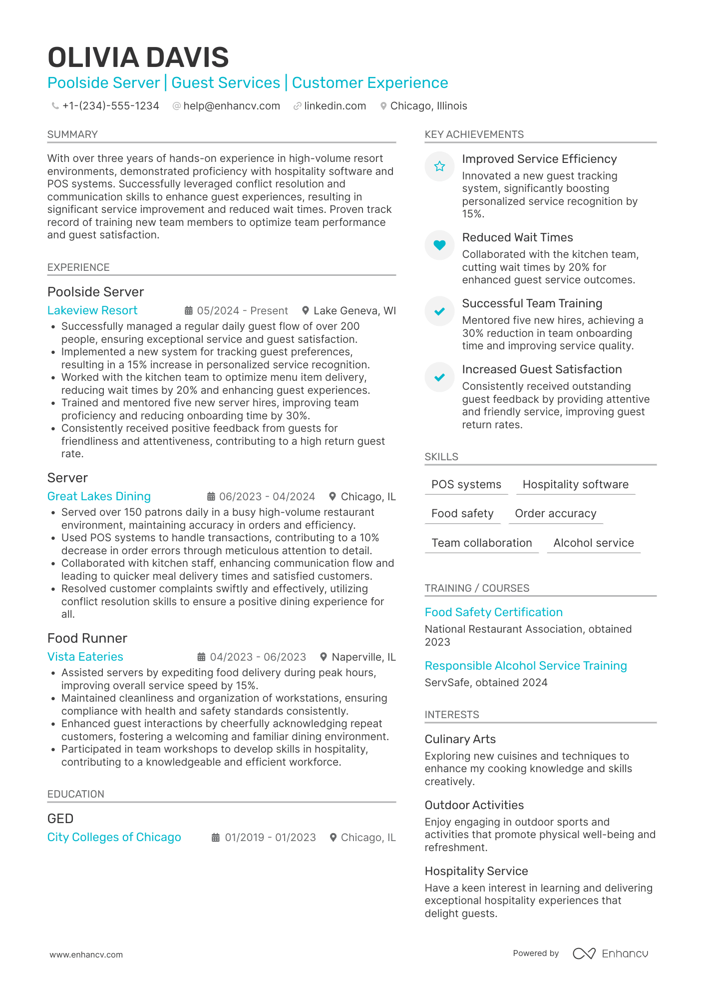 Poolside Server Resume Example