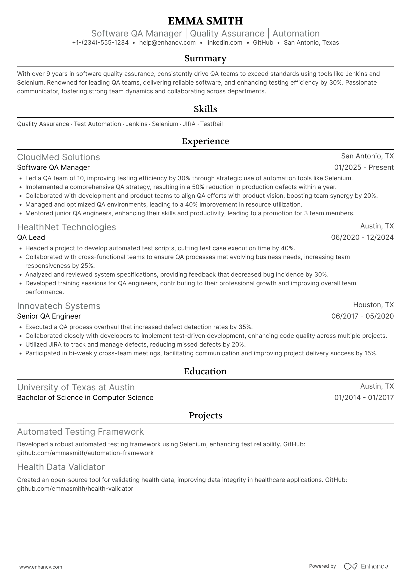 Software QA Manager Resume Example