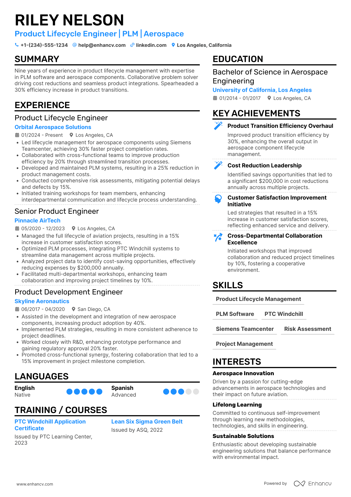 Product Lifecycle Engineer Resume Example