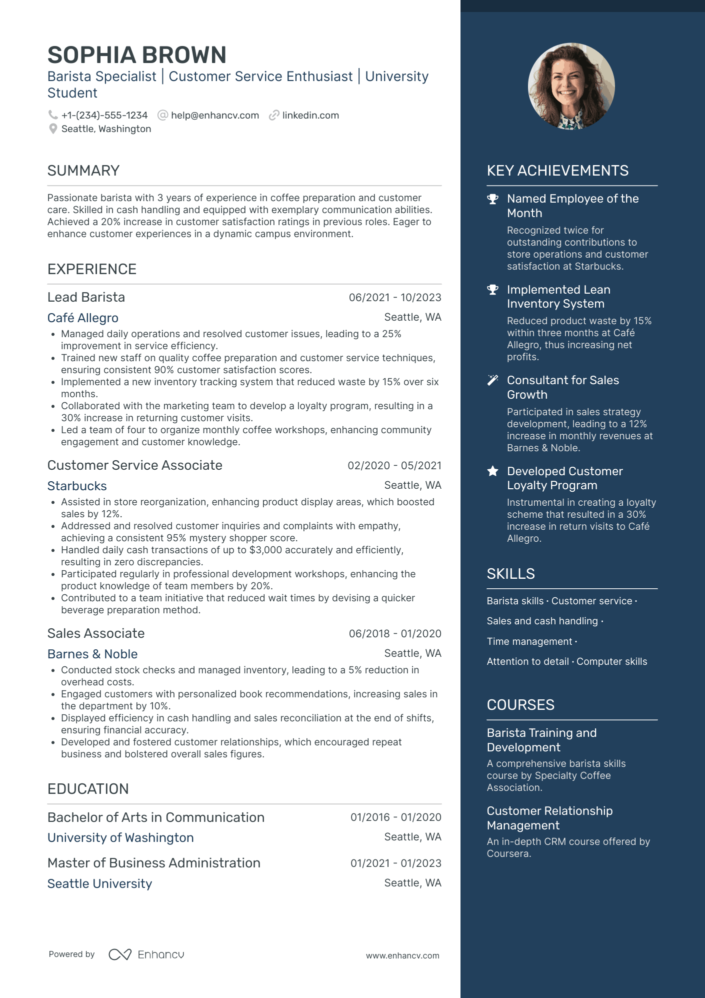 High School Student Barista Resume Example